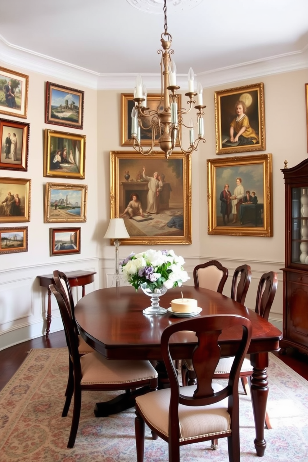 A charming French dining room adorned with framed vintage artwork on the walls. The room features an elegant wooden dining table surrounded by upholstered chairs in soft pastel colors.