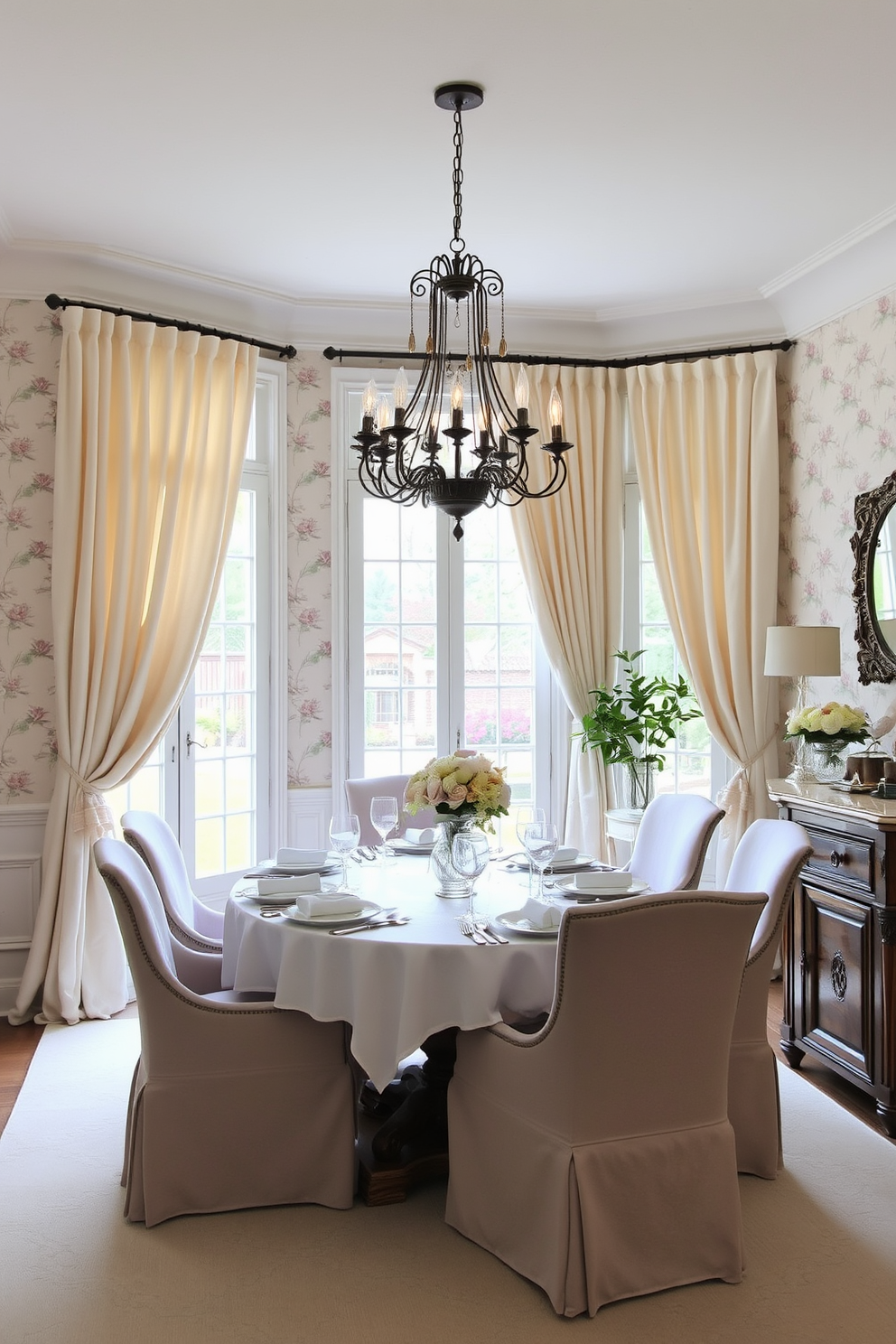 Soft drapery in light airy fabrics frames the large windows of a charming French dining room. The table is elegantly set with fine china and crystal glassware, surrounded by plush upholstered chairs in a muted pastel color. A vintage chandelier hangs gracefully above the table, casting a warm glow over the space. The walls are adorned with delicate floral wallpaper, and a rustic sideboard displays an array of decorative items and fresh flowers.