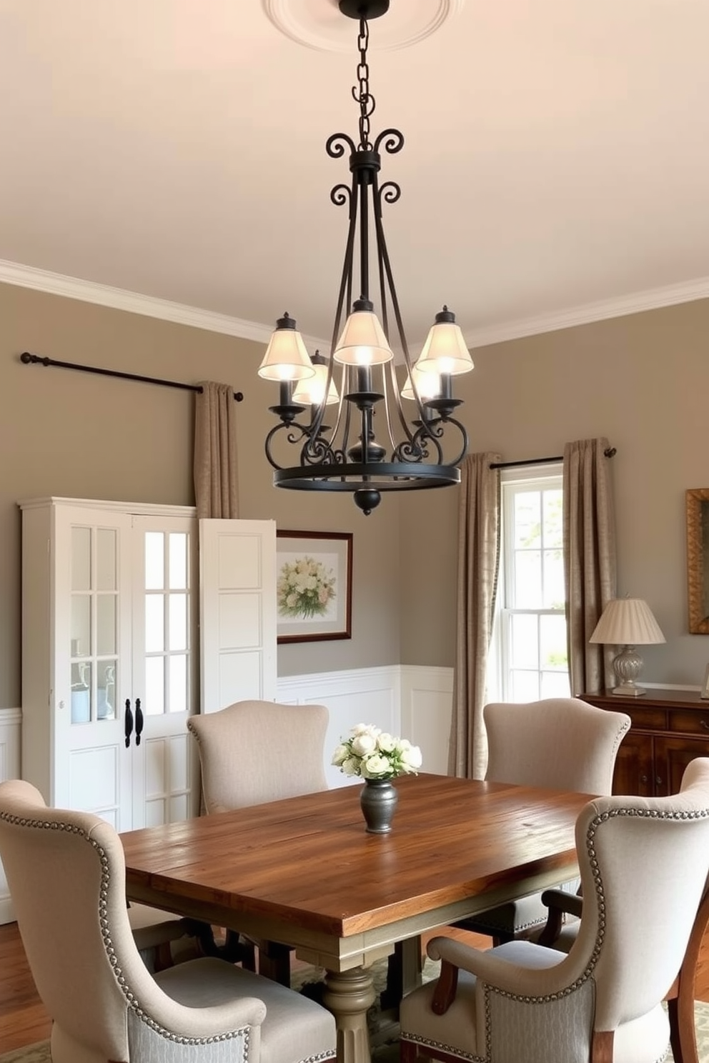 A charming wrought iron chandelier hangs gracefully overhead, casting a warm glow across the elegant French dining room. The space features a rustic wooden table surrounded by upholstered chairs, creating an inviting atmosphere for gatherings.