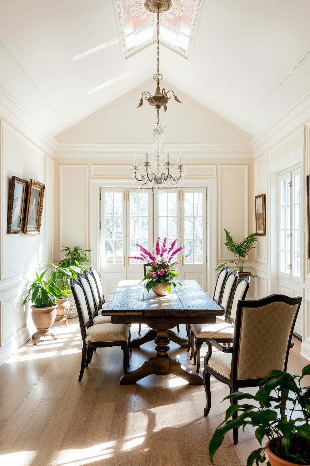 A bright and airy French dining room filled with natural light streaming in through large windows. The space features a rustic wooden dining table surrounded by elegant upholstered chairs, creating a warm and inviting atmosphere. The walls are adorned with soft pastel colors, complemented by vintage artwork and delicate moldings. A stunning chandelier hangs above the table, casting a gentle glow over the room, while potted plants add a touch of greenery.