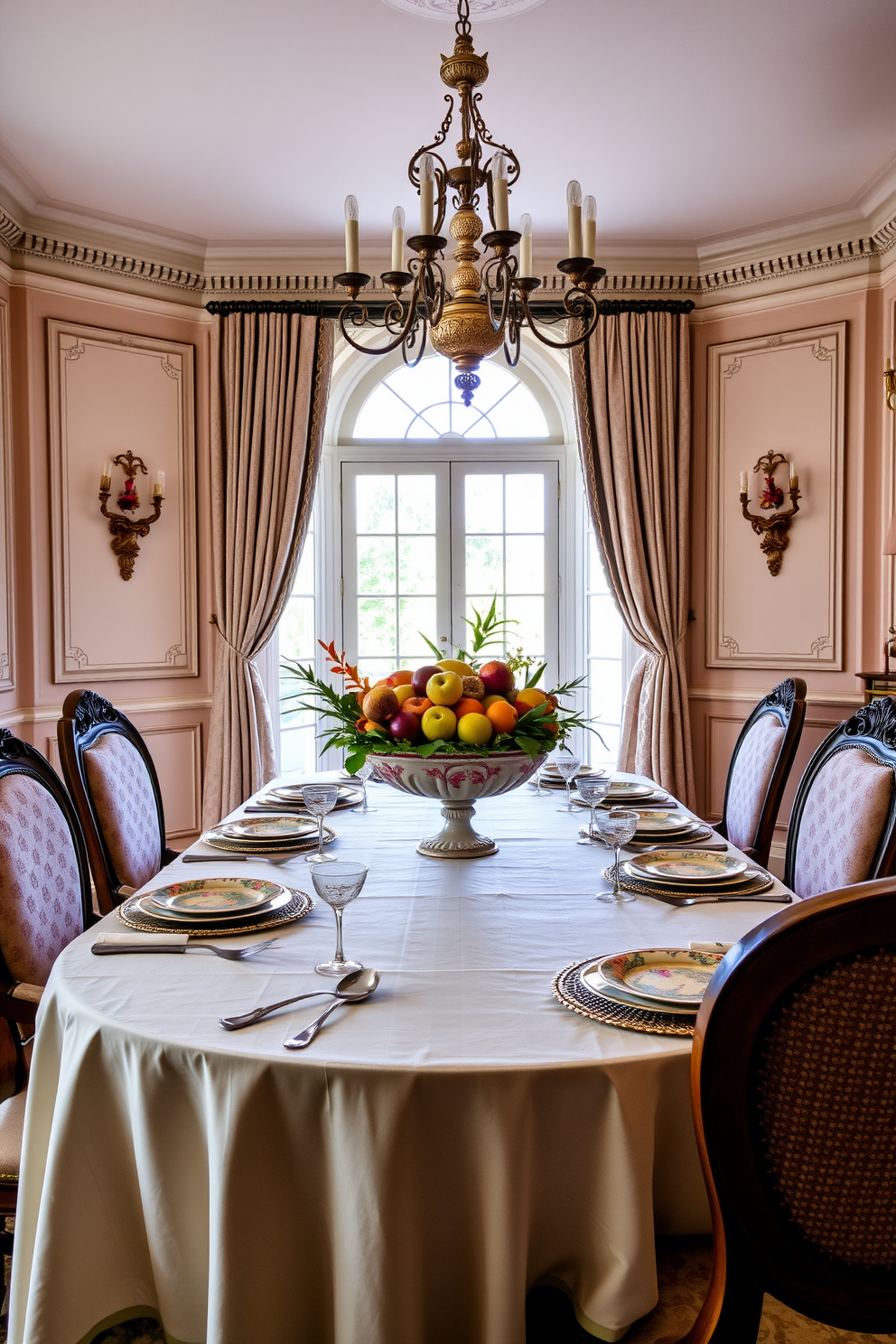 A decorative fruit bowl filled with vibrant seasonal fruits sits at the center of a beautifully set dining table. Surrounding the table are elegant upholstered chairs with intricate detailing, enhancing the French dining room aesthetic. The walls are adorned with soft pastel colors, complemented by ornate moldings and a classic chandelier overhead. A large window allows natural light to flood the space, illuminating the rich textures of the tablecloth and the delicate patterns of the dinnerware.