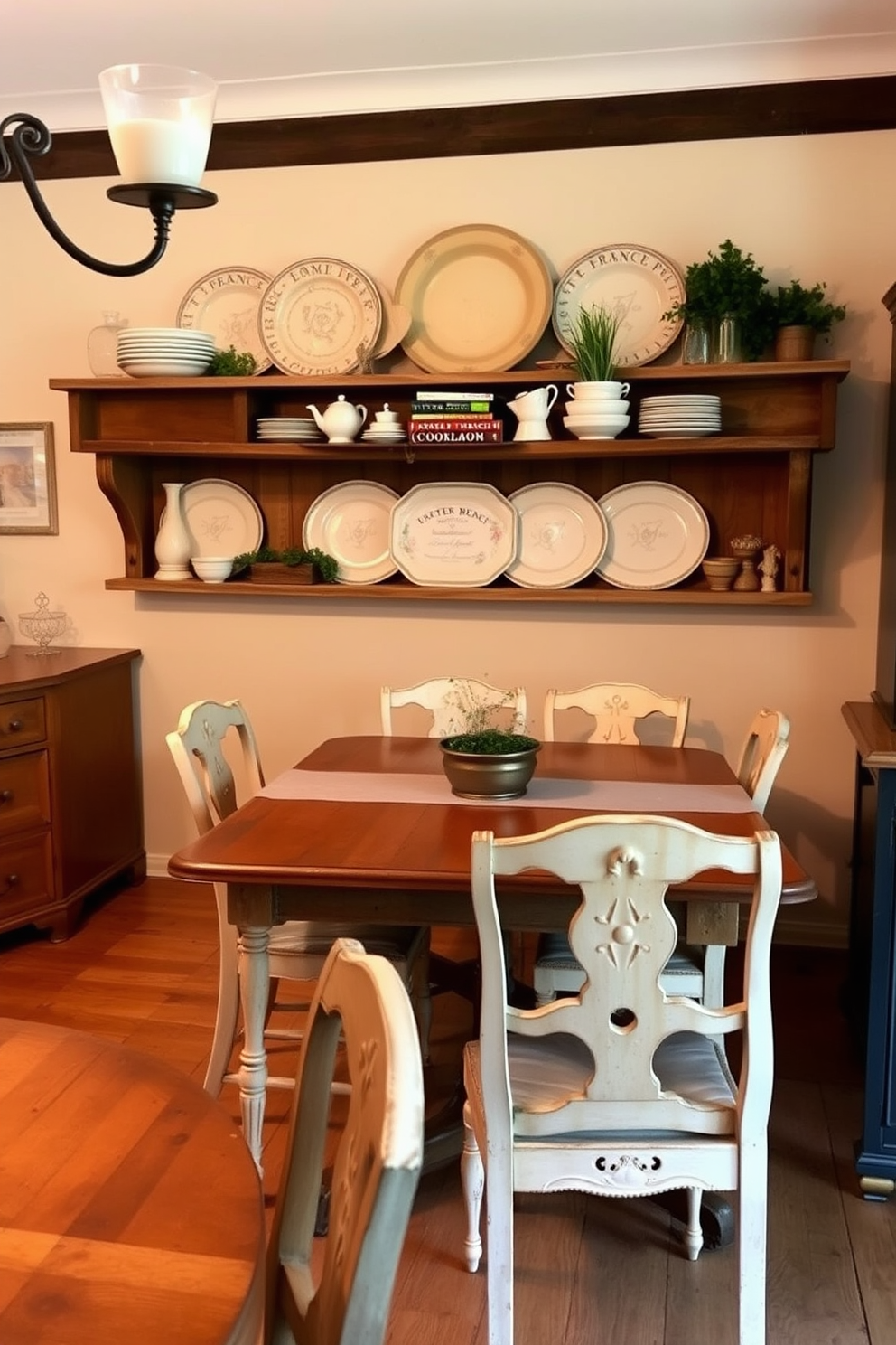 A vintage French cookbook display is elegantly arranged on a rustic wooden shelf. The cookbooks are complemented by charming ceramic dishes and a small potted herb, adding a touch of greenery to the scene. The dining room features a large farmhouse table surrounded by mismatched antique chairs. Soft, warm lighting illuminates the space, creating a cozy atmosphere perfect for family gatherings.