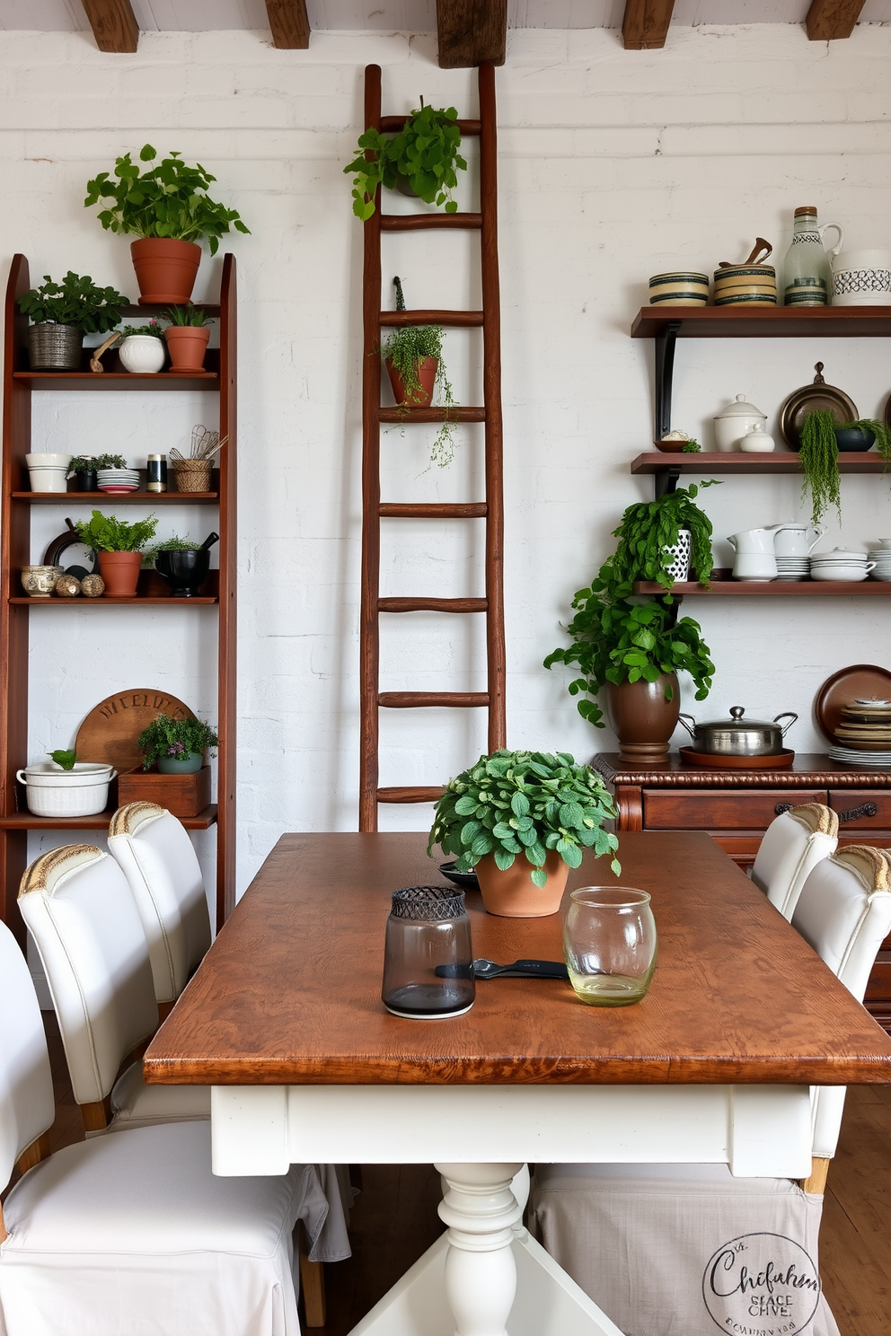 A rustic wooden ladder leans against a whitewashed wall, adorned with potted herbs and vintage kitchenware. The dining table features a distressed wooden surface surrounded by elegant upholstered chairs, creating a warm and inviting atmosphere.