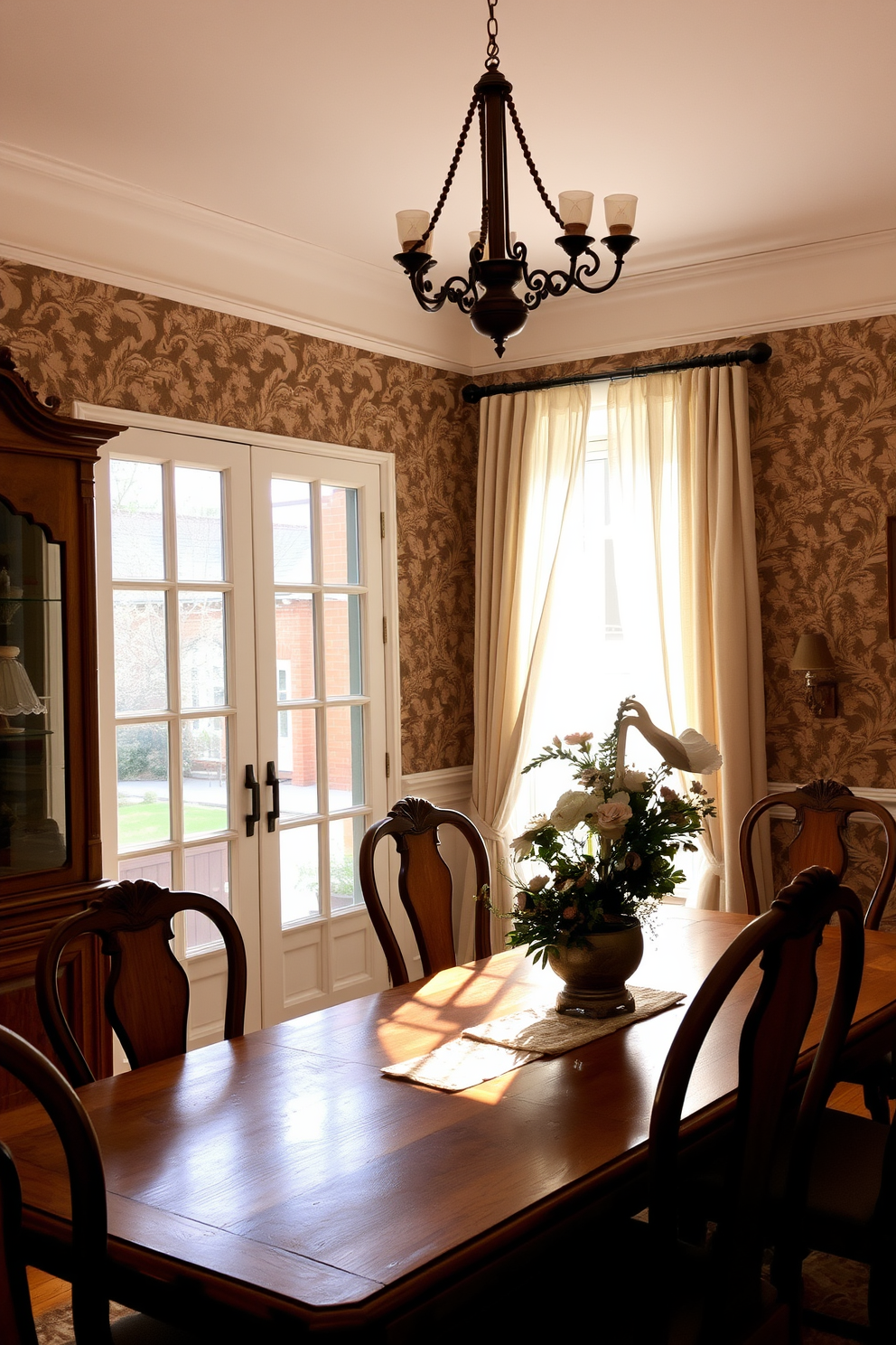 A charming wall clock with vintage appeal hangs prominently on the wall in a beautifully designed French dining room. The clock features ornate detailing and a classic face, complementing the elegant wooden dining table set with mismatched antique chairs. Soft, warm lighting fills the room, casting a cozy glow on the rich, textured wallpaper adorned with floral patterns. A large window draped with sheer curtains allows natural light to filter in, enhancing the inviting atmosphere of the space.