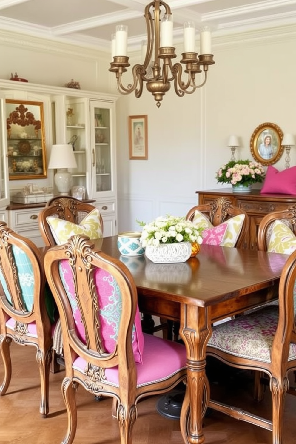 Colorful throw pillows adorn the elegant dining chairs in a charming French dining room. The room features a rustic wooden table surrounded by intricately carved chairs, with soft pastel hues complementing the vibrant pillows.