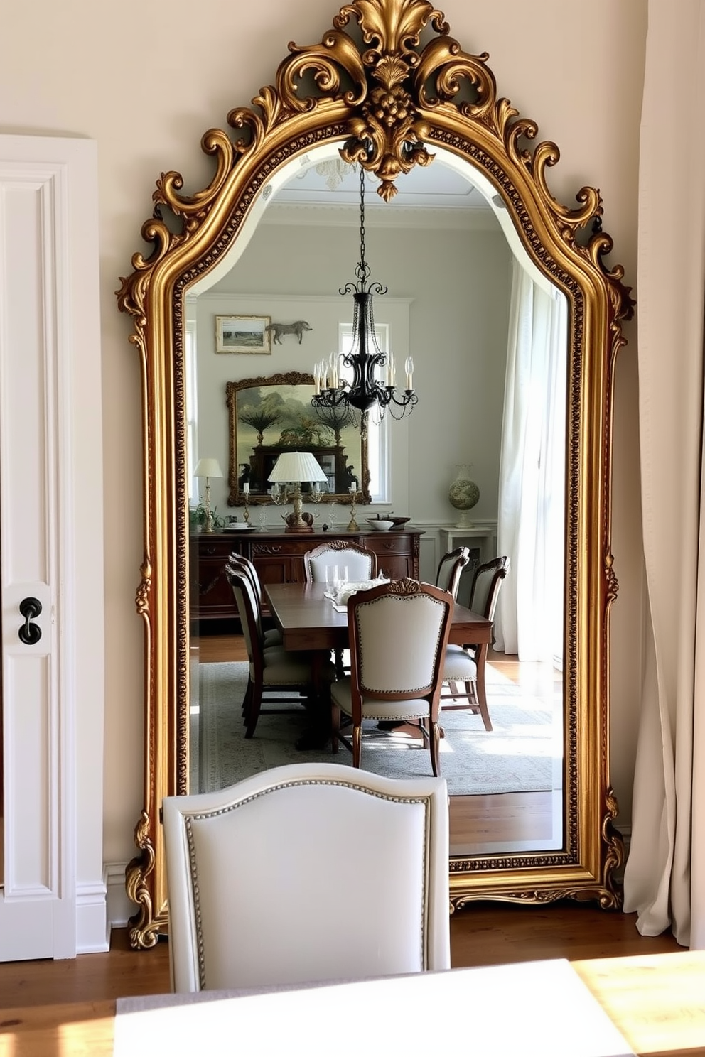 An elegant French dining room featuring an ornate antique mirror that beautifully reflects the dining area. The room is adorned with a rustic wooden dining table surrounded by upholstered chairs, with soft natural light filtering through sheer drapes.