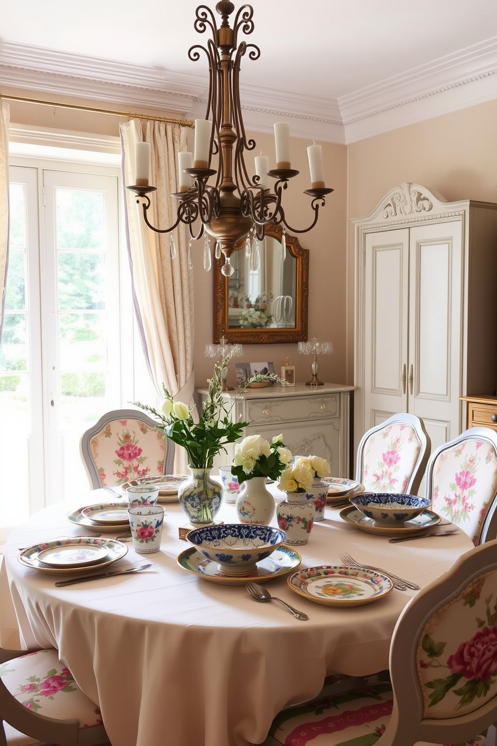 A charming French dining room featuring a beautifully set table adorned with hand-painted ceramics. The table is draped with a soft linen tablecloth, and each place setting showcases intricately designed plates and bowls in vibrant colors. The room is illuminated by a classic chandelier, casting a warm glow over the elegant decor. Surrounding the table are upholstered chairs with floral patterns, adding a touch of sophistication and comfort.