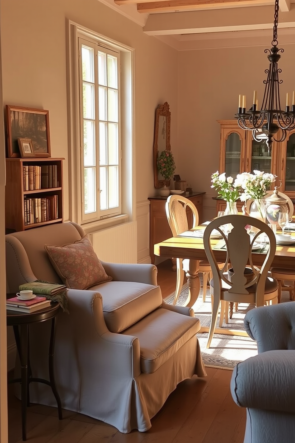 A cozy reading nook is nestled beside the dining area, featuring a plush armchair upholstered in soft fabric. A small side table holds a stack of books and a warm cup of tea, creating an inviting atmosphere for relaxation. The dining area is adorned with a rustic wooden table surrounded by elegant chairs, all bathed in warm, natural light. Delicate floral arrangements and vintage tableware enhance the charm of this French-inspired dining room, making it perfect for gatherings.