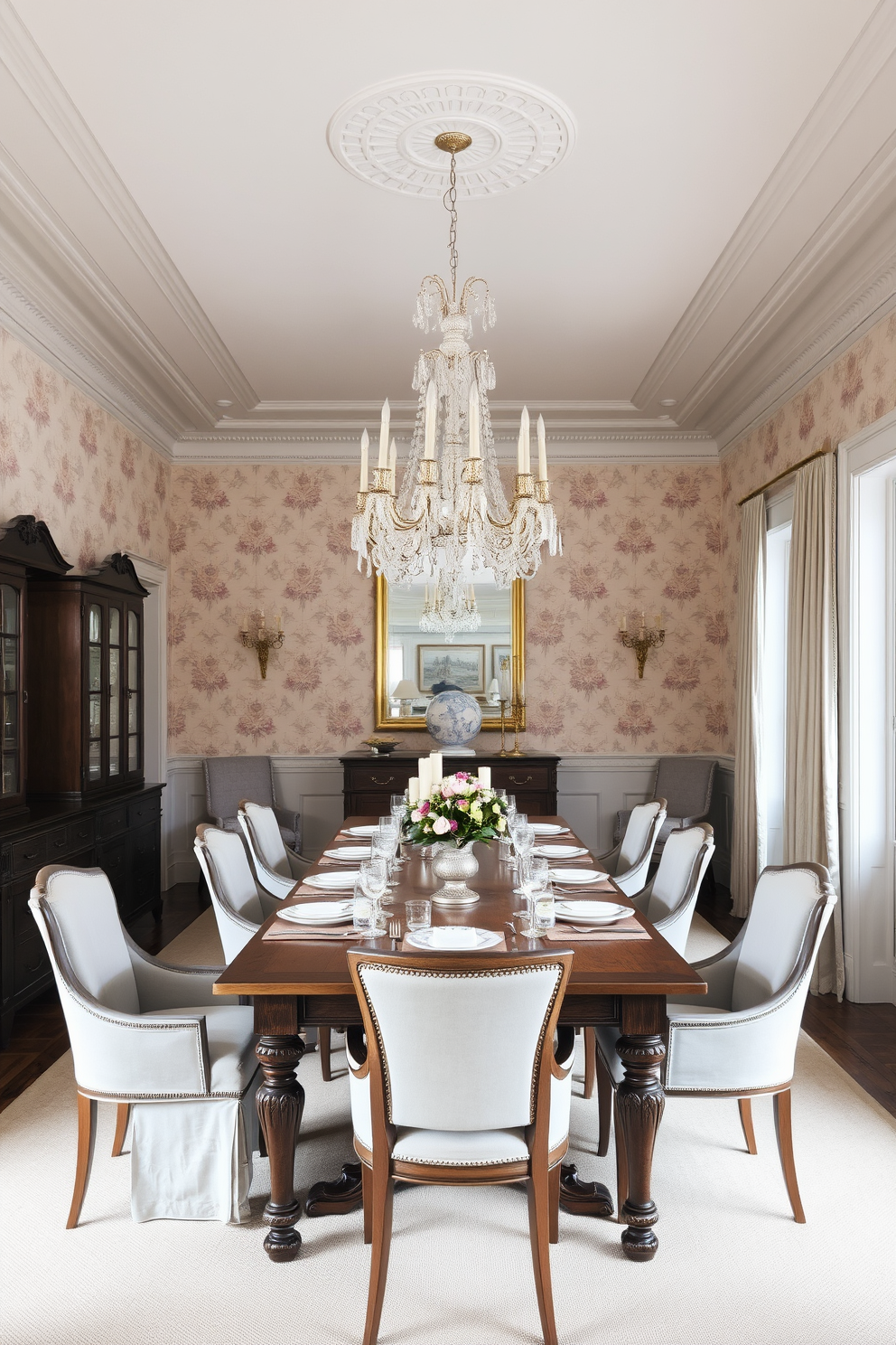 A French dining room featuring a soft muted color palette that creates a serene and inviting atmosphere. The walls are adorned with delicate floral wallpaper and the ceiling boasts elegant crown molding. A long wooden dining table is set with vintage china and surrounded by upholstered chairs in soft pastel tones. A beautiful crystal chandelier hangs above the table, casting a warm glow over the space.