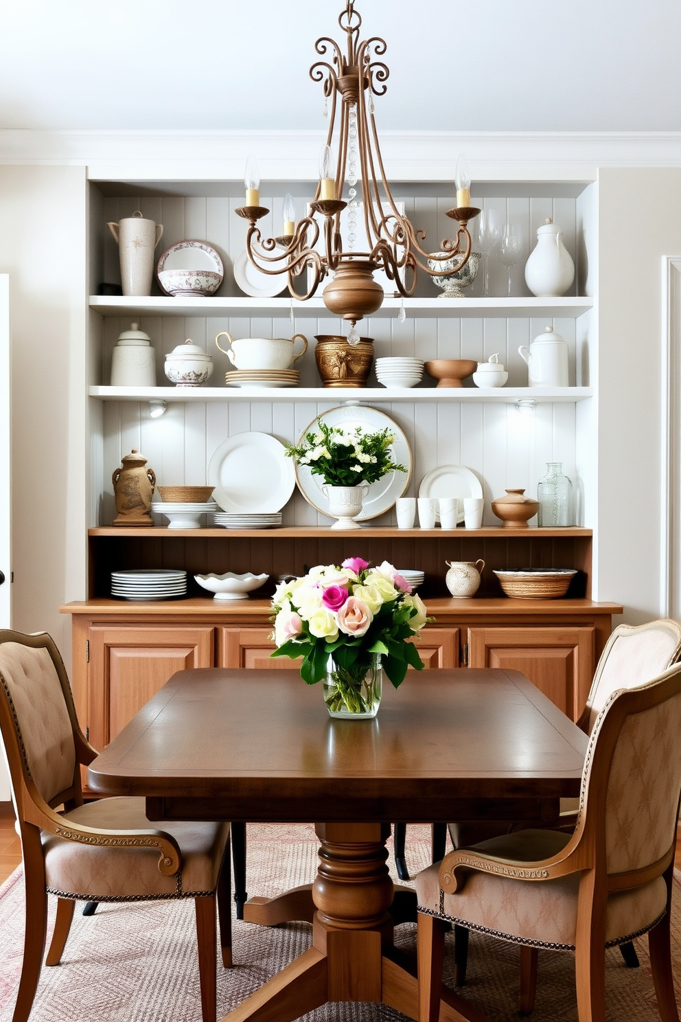 Open shelving creates a charming focal point in a French dining room, allowing for easy access to dishes and glassware. The shelves are adorned with elegant porcelain and rustic ceramics, complemented by soft lighting that enhances the warm ambiance. The dining table is a classic farmhouse style, surrounded by upholstered chairs that invite comfort and conversation. A vintage chandelier hangs above, casting a gentle glow over the scene, while fresh flowers in a vase add a touch of natural beauty.