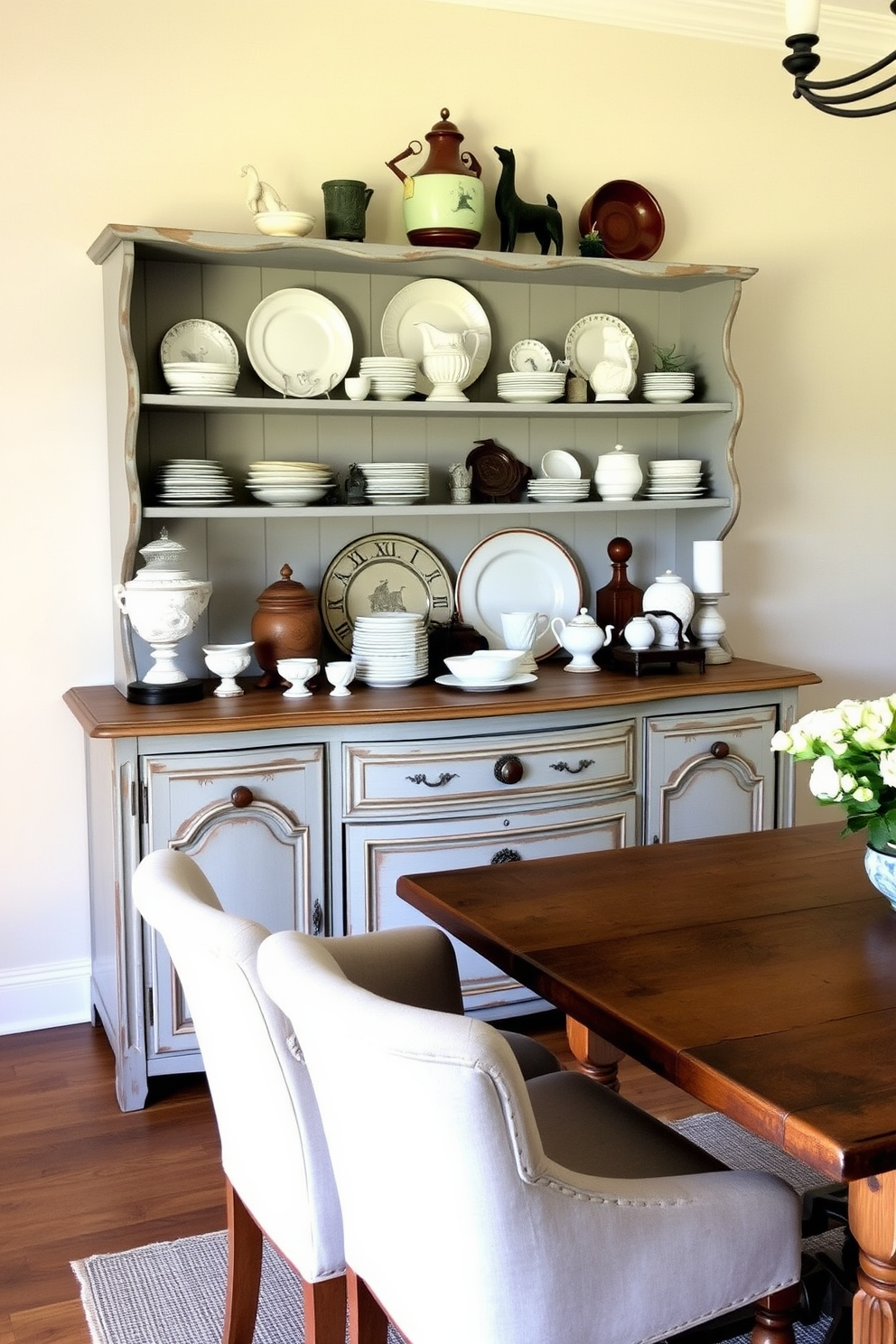 A vintage French countryside sideboard is elegantly adorned with a collection of antique dishware and decorative items. The sideboard is set against a soft pastel wall, complemented by a rustic wooden dining table surrounded by upholstered chairs.