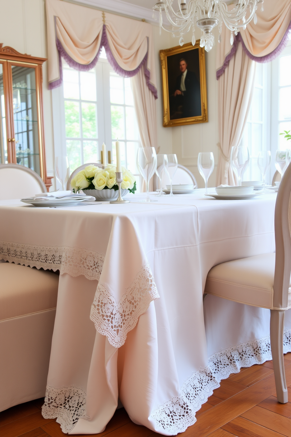 A refined dining room featuring an elegant linen tablecloth adorned with delicate lace trim. The table is set with fine china and crystal glassware, surrounded by upholstered chairs in soft pastel colors.