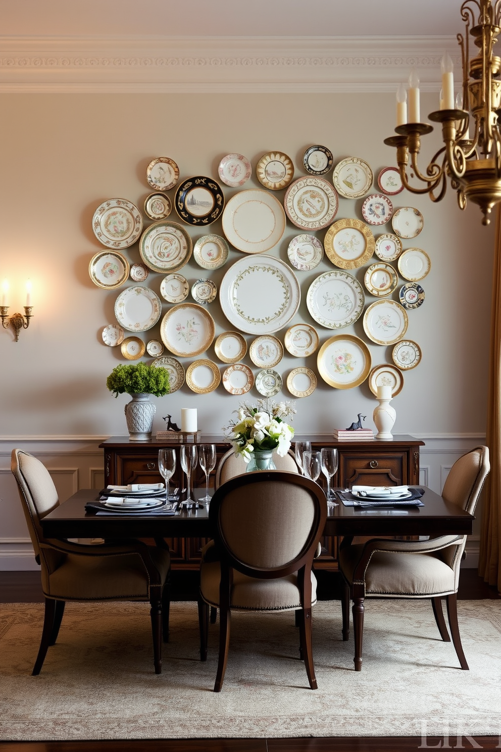 A stunning decorative plate wall art arrangement serves as a focal point in a French dining room. The plates feature intricate designs in soft pastels and gold accents, arranged in a captivating asymmetrical pattern above an elegant wooden sideboard. The dining table is set with fine china and crystal glassware, surrounded by upholstered chairs in a rich fabric. Soft, ambient lighting from a vintage chandelier casts a warm glow over the space, enhancing the romantic atmosphere of the room.