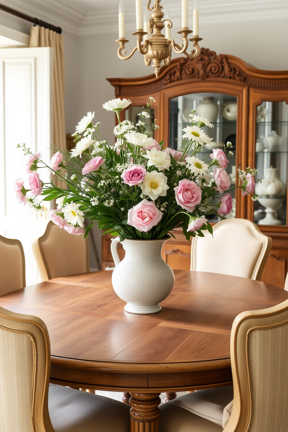 Fresh flowers in a ceramic vase serve as the stunning centerpiece of the French dining room. The elegant wooden dining table is surrounded by upholstered chairs in soft pastel colors, creating a warm and inviting atmosphere.