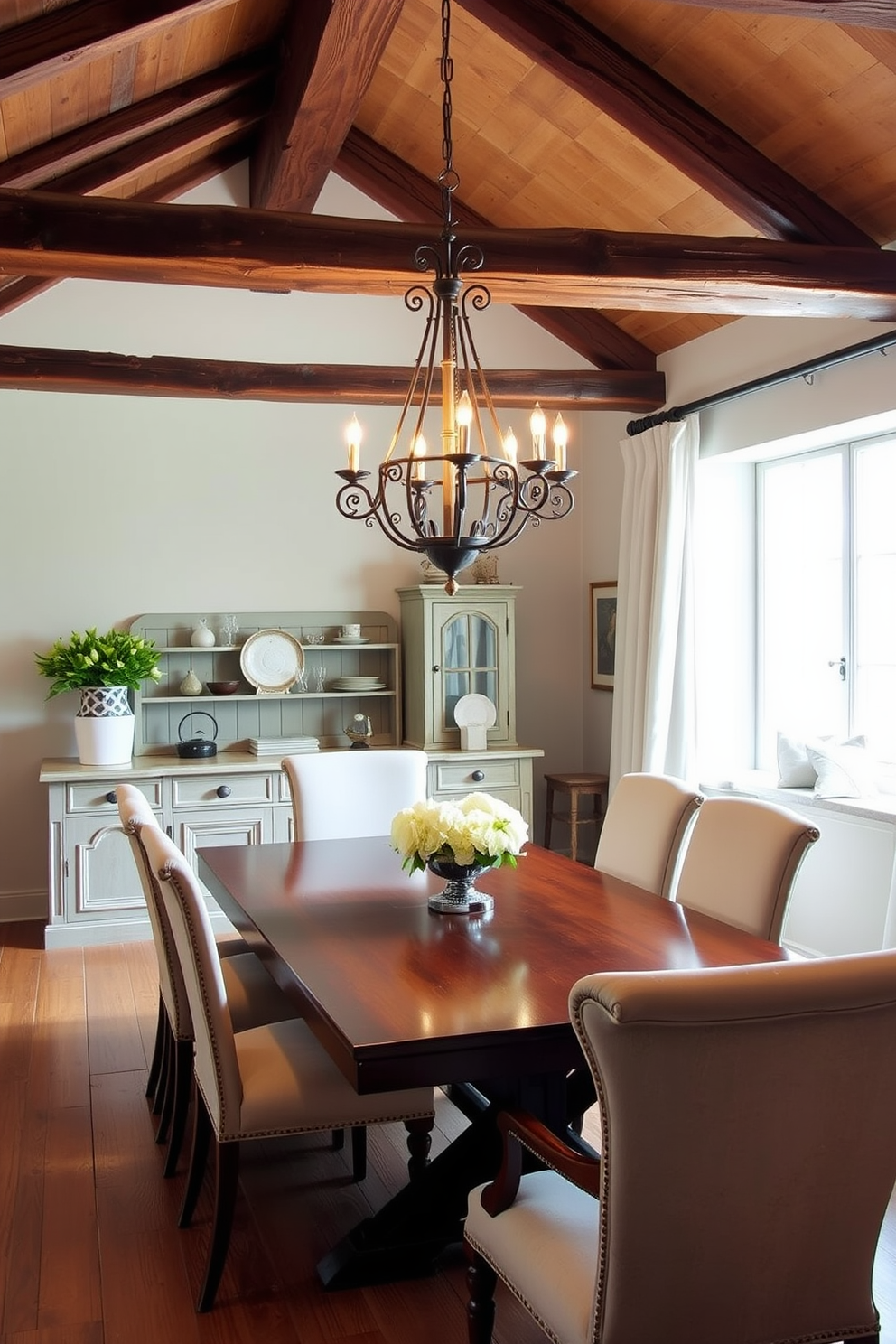 A charming French dining room features exposed wooden beams that add rustic charm to the space. The room is adorned with a large wooden dining table surrounded by elegant upholstered chairs, creating an inviting atmosphere for gatherings. Soft, warm lighting from a wrought iron chandelier illuminates the room, enhancing the cozy ambiance. A vintage sideboard against the wall displays fine china and decorative accents, while a large window dressed with sheer curtains allows natural light to filter in.