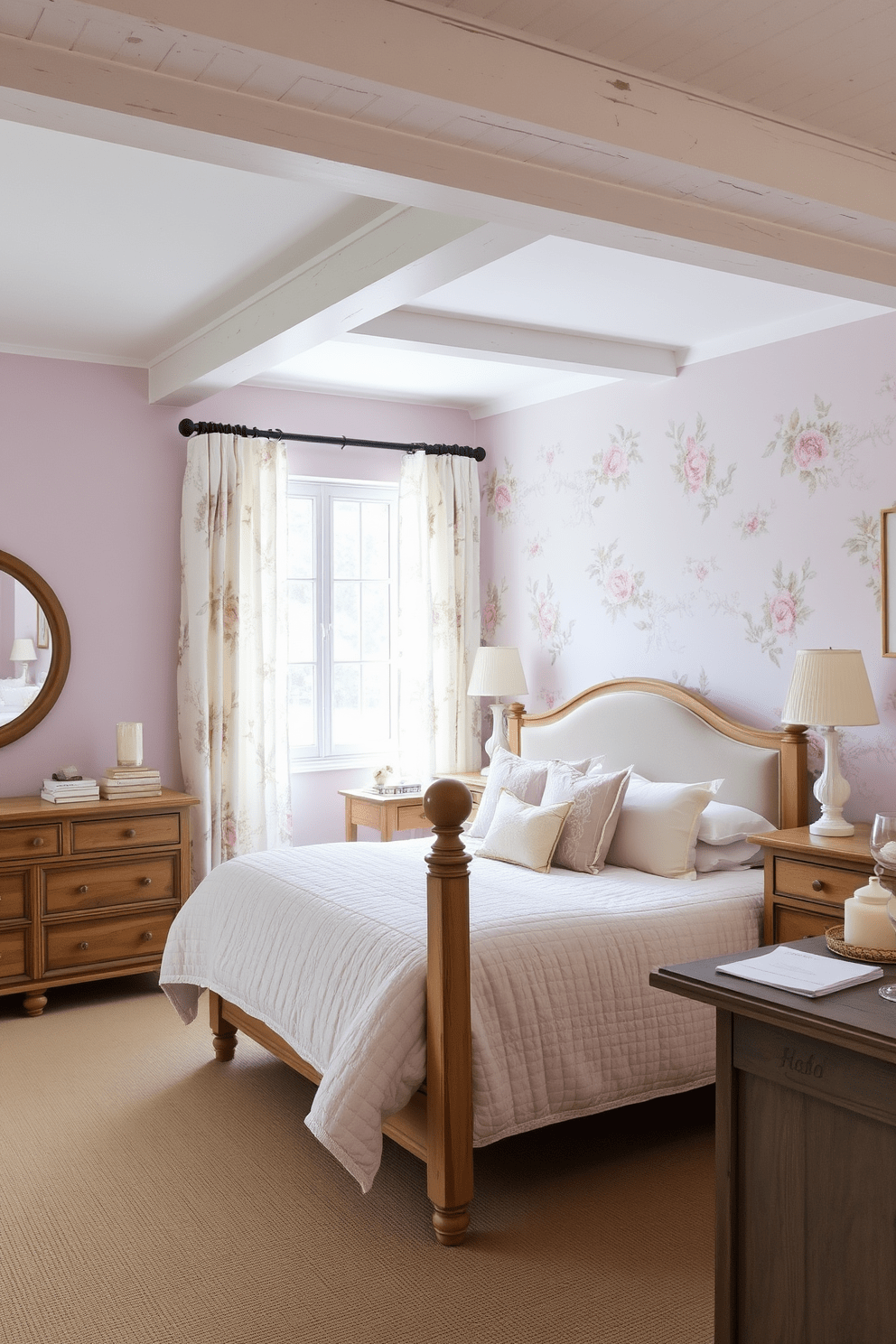 Soft pastel color palettes create a serene and inviting atmosphere in a French country bedroom. The walls are adorned with delicate shades of lavender and pale blue, complemented by whitewashed wooden beams and vintage floral wallpaper accents. Rustic wooden furniture, including a charming bed with an upholstered headboard, enhances the cozy feel of the space. Accents like lace curtains and plush throw pillows in soft hues add a touch of elegance and comfort.