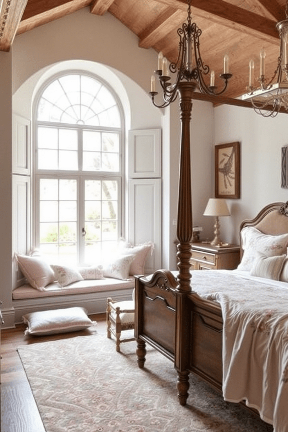 Cozy reading nook with plush cushions. A large window allows natural light to flood the space, while a soft area rug adds warmth underfoot. French Country bedroom design ideas. The room features a vintage wooden bed with floral bedding and soft pastel colors, complemented by rustic furniture and elegant chandeliers.