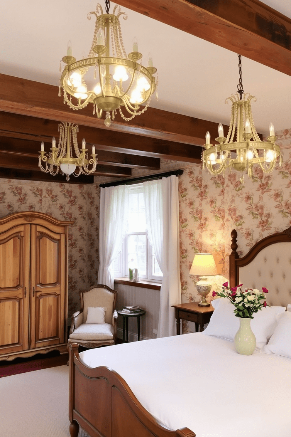 A charming French country bedroom featuring a large wooden bed with a tufted headboard dressed in soft white linens. Elegant chandeliers with a vintage touch hang from the ceiling, casting a warm glow over the rustic wooden beams and floral wallpaper. The room includes a cozy reading nook by a window adorned with lace curtains, complemented by a vintage armchair and a small side table. A distressed wardrobe adds character, while fresh flowers in a ceramic vase bring a touch of nature indoors.