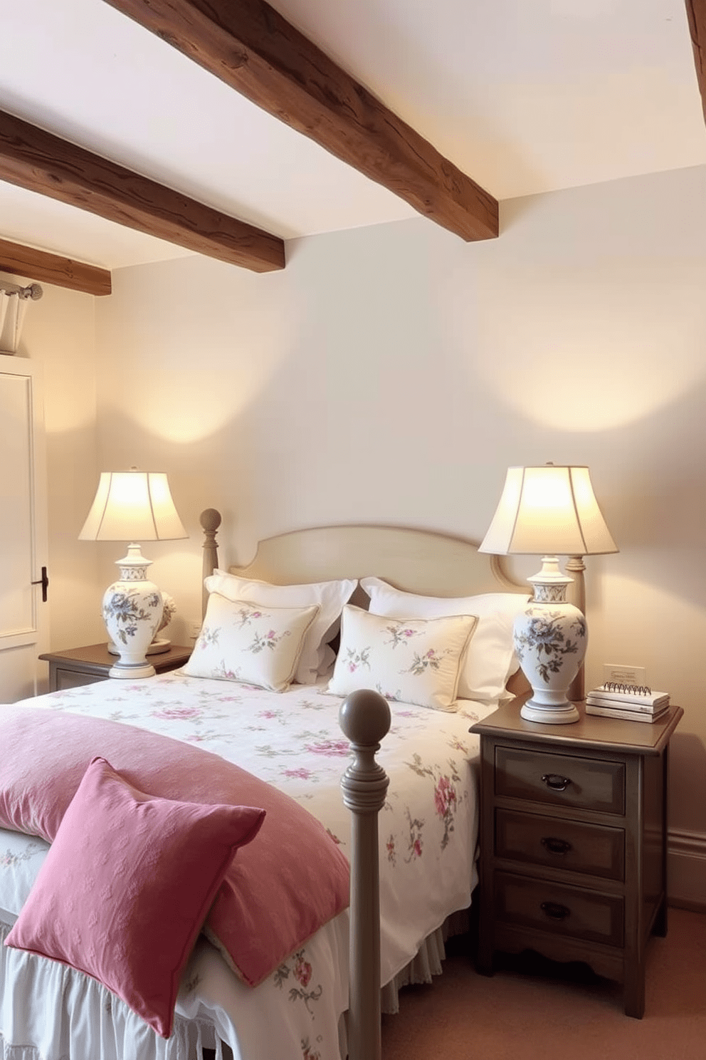 A charming French country bedroom featuring hand-painted ceramic lamps on each nightstand. The lamps add a touch of artisanal elegance, complementing the soft pastel color palette of the room. The bed is dressed in luxurious linen with floral patterns, creating a cozy and inviting atmosphere. Rustic wooden beams line the ceiling, enhancing the room's warm and welcoming vibe.