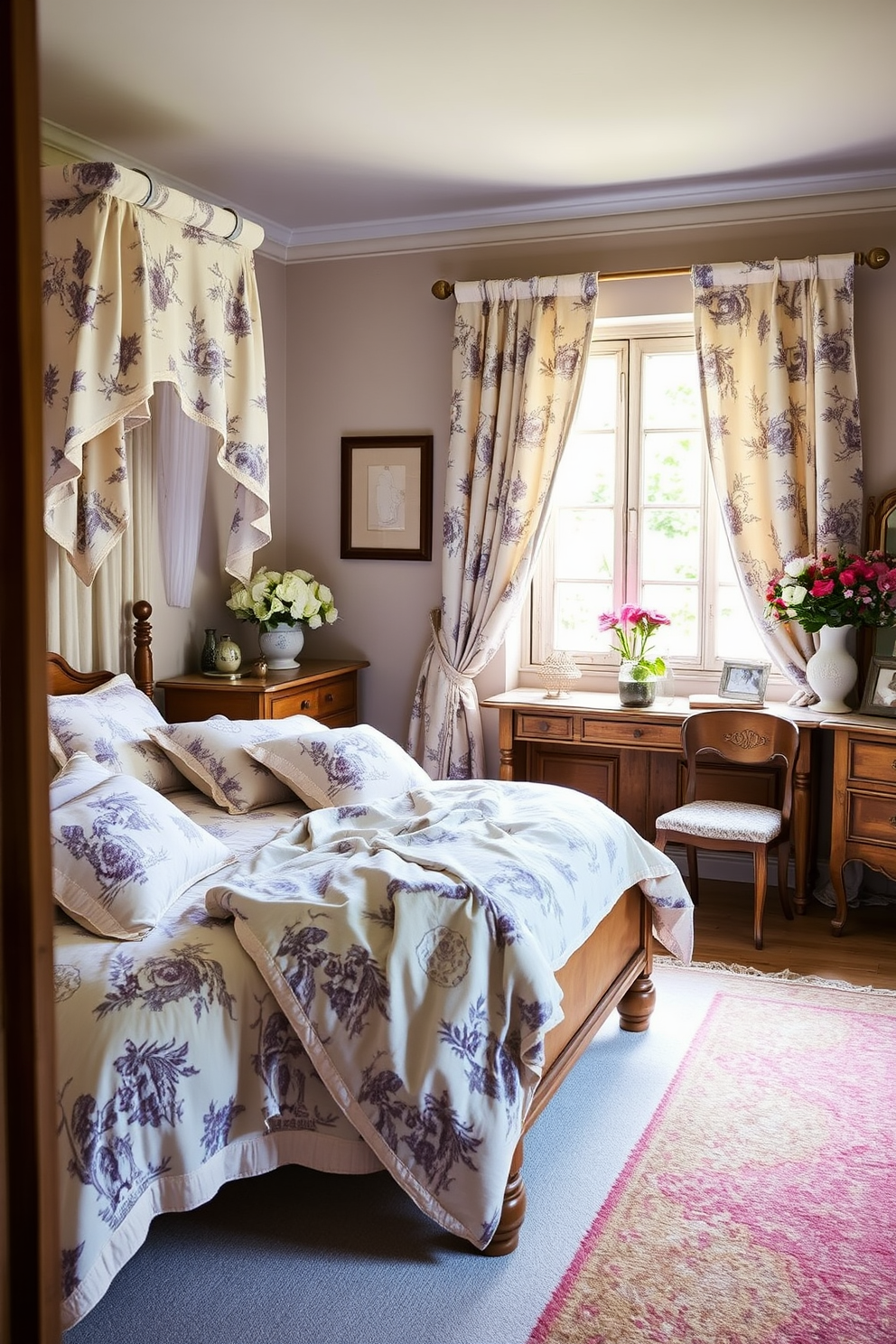 A charming French country bedroom featuring textiles adorned with classic Toile de Jouy patterns. The room is filled with rustic wooden furniture, soft pastel colors, and floral accents that evoke a warm and inviting atmosphere.