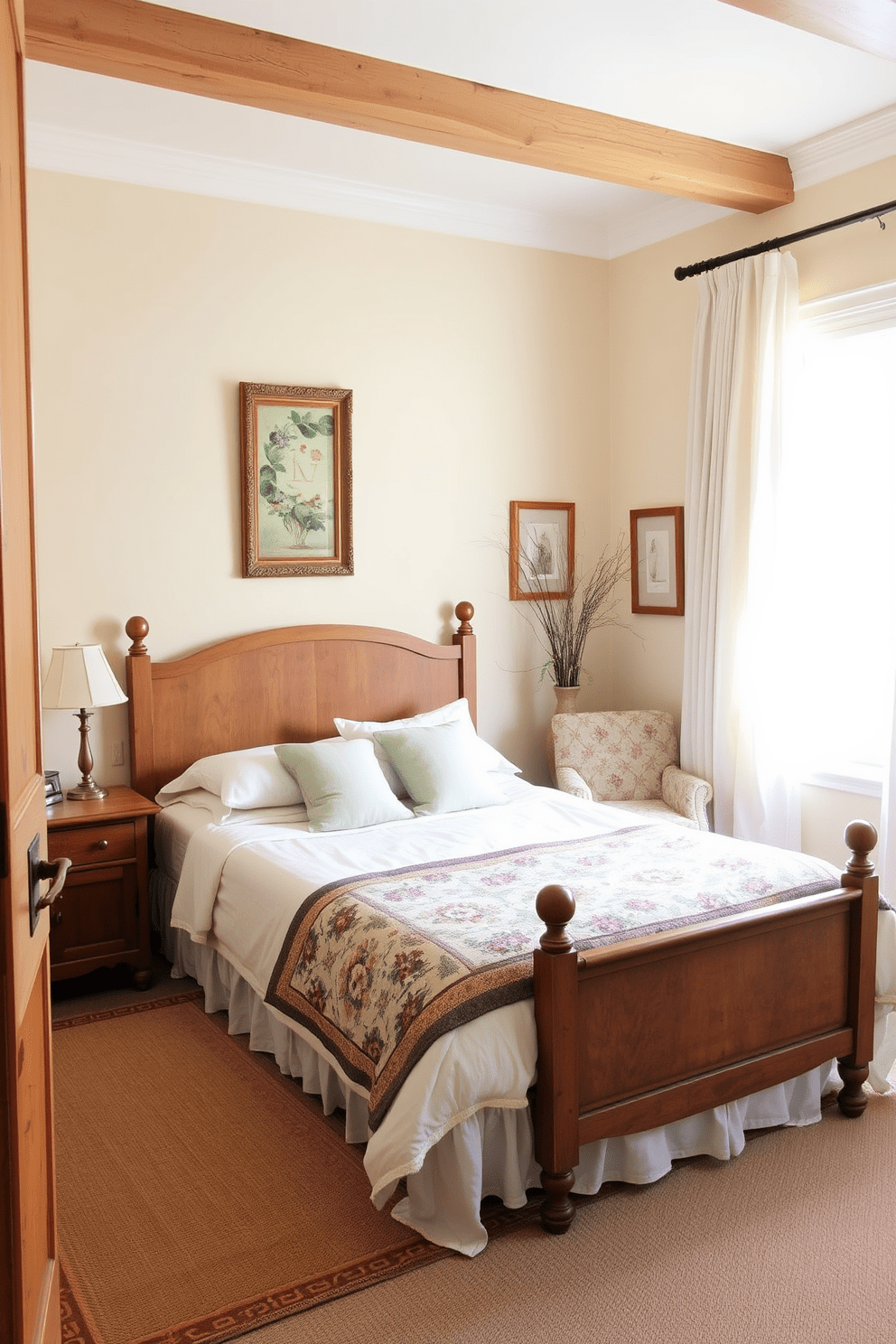 A cozy French country bedroom featuring natural wood accents throughout the room. The bed is adorned with soft linens and a vintage quilt, complemented by rustic wooden side tables. The walls are painted in a warm cream color, enhancing the inviting atmosphere. A large window dressed with sheer curtains allows natural light to fill the space, illuminating a charming armchair in the corner.