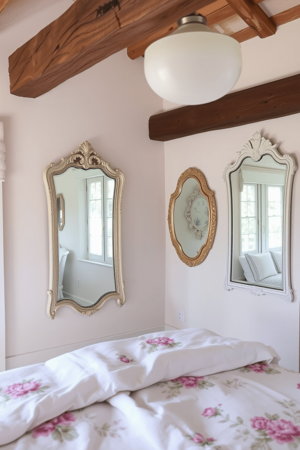 A cozy French country bedroom featuring vintage mirrors that reflect natural light beautifully. The room is adorned with soft pastel colors, rustic wooden beams, and elegant floral patterns on the bedding.