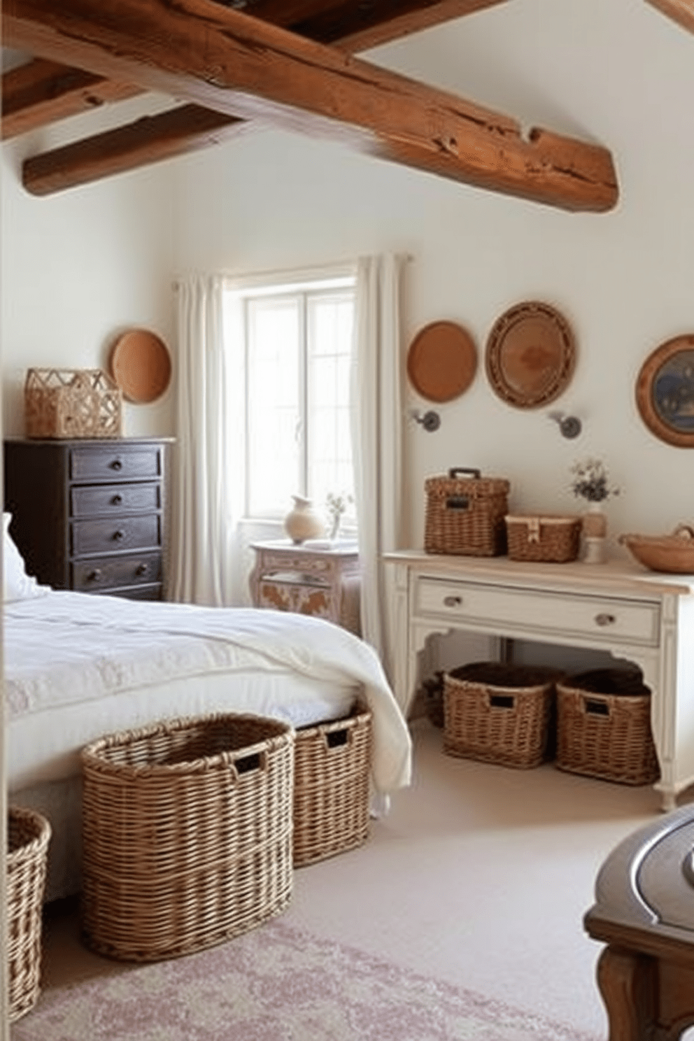 A charming French country bedroom featuring woven baskets used for both storage and decorative accents. The room is adorned with soft pastel colors, rustic wooden beams, and vintage furniture that exudes warmth and elegance.