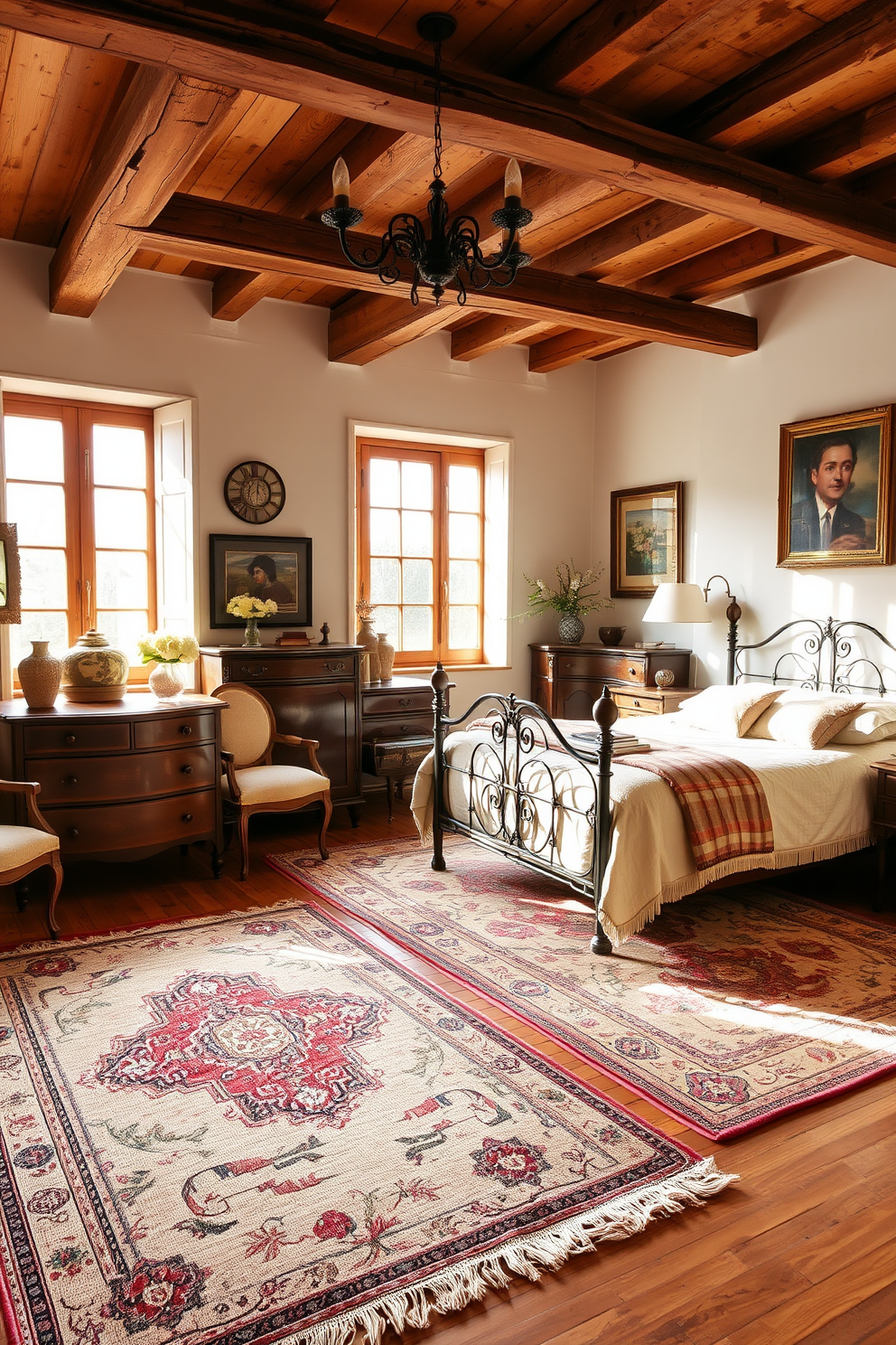 A cozy French country bedroom featuring soft area rugs adorned with rustic patterns. The room is filled with warm natural light, highlighting the elegant wooden beams and vintage furniture.