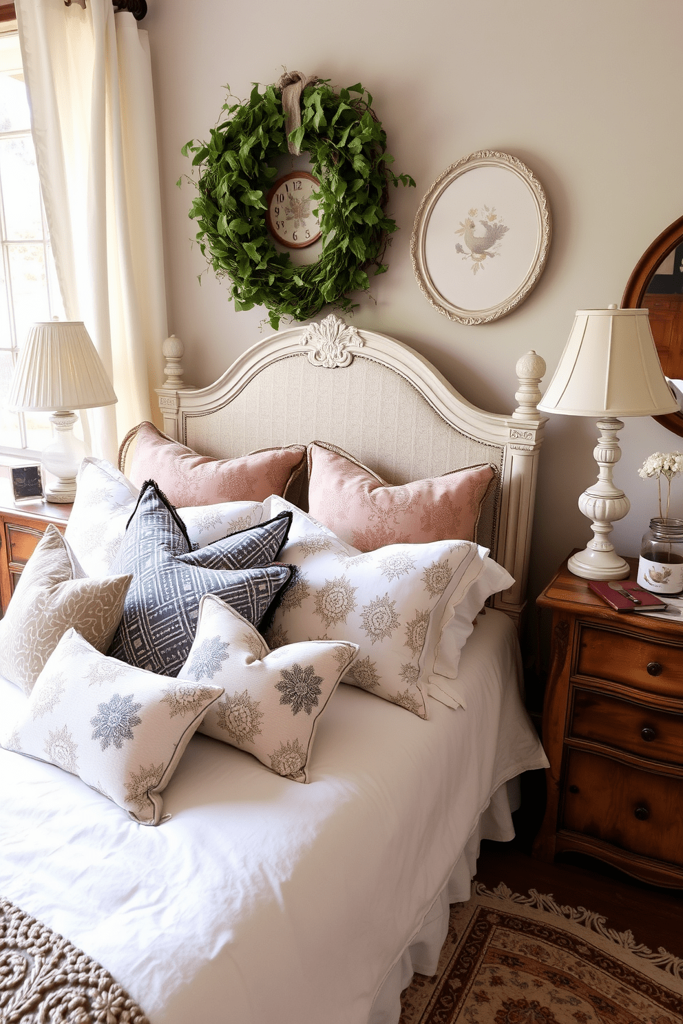 A cozy French country bedroom adorned with decorative pillows in mixed patterns. The bed is dressed in soft linens, surrounded by rustic wooden furniture and charming vintage accents.