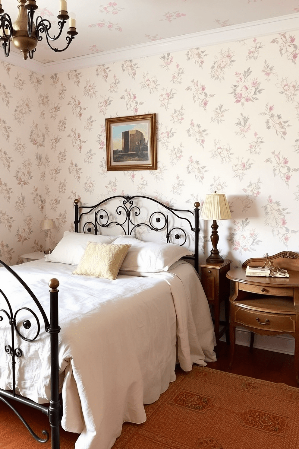 A cozy French country bedroom adorned with delicate wallpaper featuring soft floral motifs. The room is accented with vintage wooden furniture, including a wrought iron bed frame draped in light linens and a charming bedside table with an antique lamp.