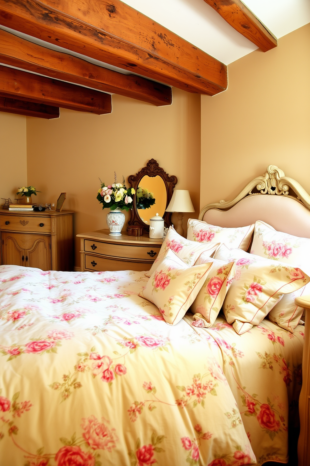 A cozy French country bedroom filled with vintage floral bedding and pillows. The bed is adorned with soft pastel colors, featuring intricate floral patterns that evoke a sense of nostalgia and charm. The walls are painted in a warm cream hue, complemented by rustic wooden beams overhead. A vintage dresser with ornate detailing stands against one wall, topped with a decorative mirror and fresh flowers in a vase.