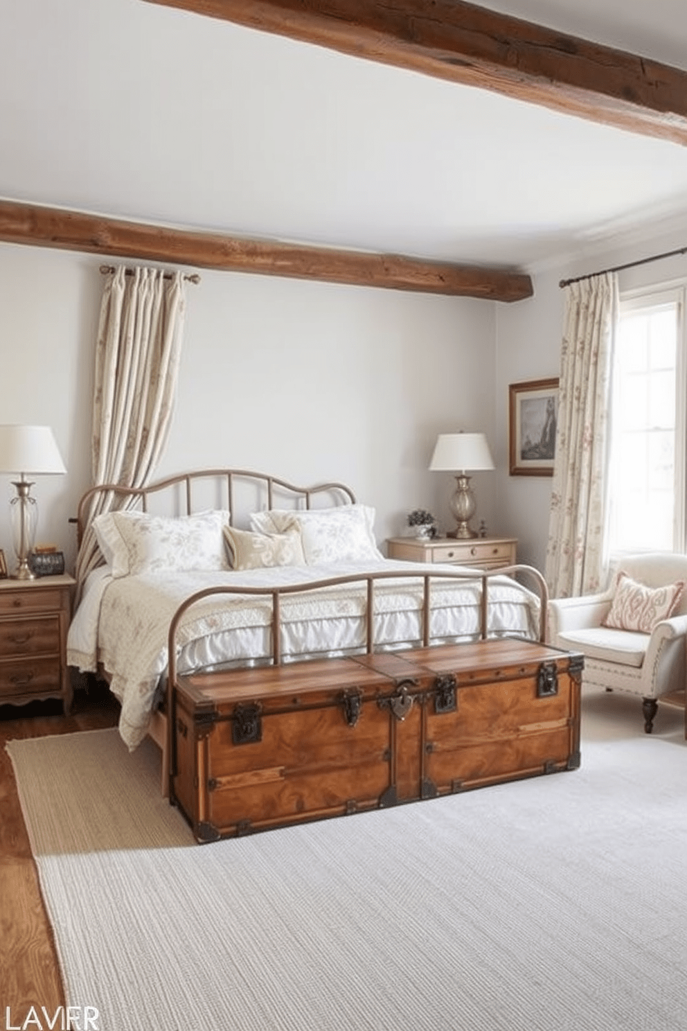 Antique trunks are beautifully integrated as stylish storage solutions in a French country bedroom. The trunks are placed at the foot of a vintage bed, adding character and charm to the rustic decor. Soft pastel colors dominate the room, with floral patterns on the bedding and curtains. Exposed wooden beams and a cozy armchair complete the inviting and timeless atmosphere.