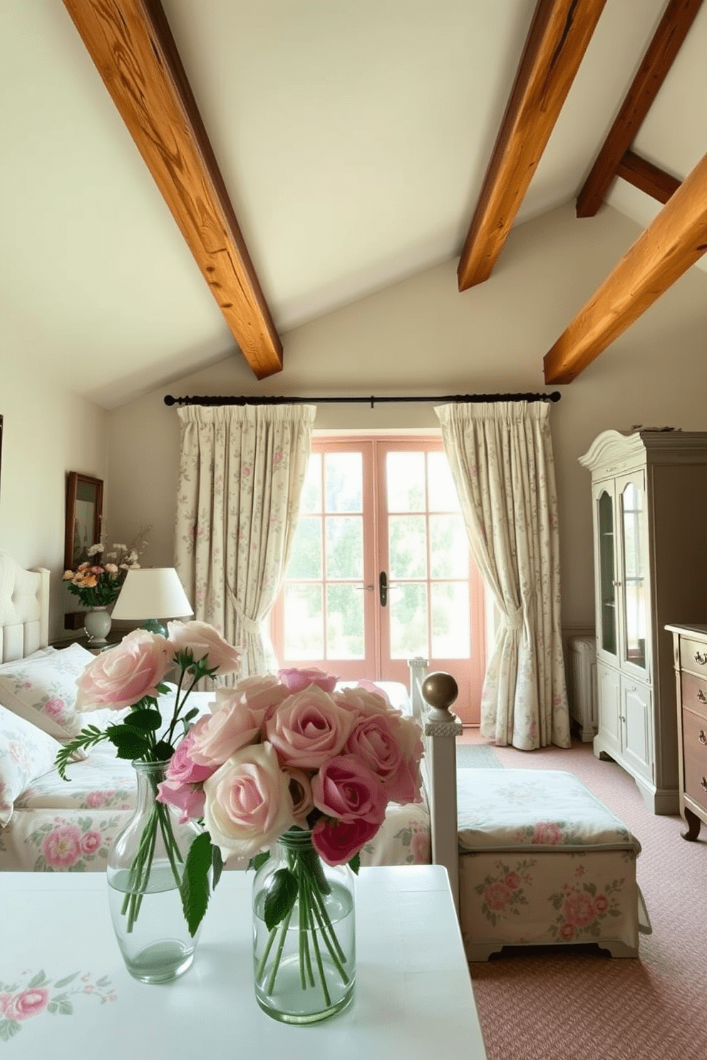 Fresh flowers in vintage vases bring a touch of elegance to a cozy French country bedroom. The room features soft pastel colors with floral patterns on the bedding and curtains, creating a warm and inviting atmosphere. Rustic wooden beams adorn the ceiling, complementing the vintage furniture pieces. A large window allows natural light to flood the space, highlighting the beauty of the fresh flowers displayed throughout the room.