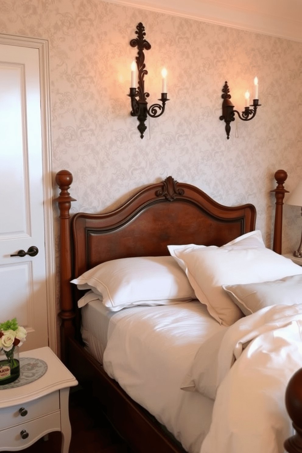 A cozy French country bedroom featuring candle sconces that cast a warm, inviting glow. The walls are adorned with soft pastel wallpaper, and a vintage wooden bed is dressed in luxurious linens.