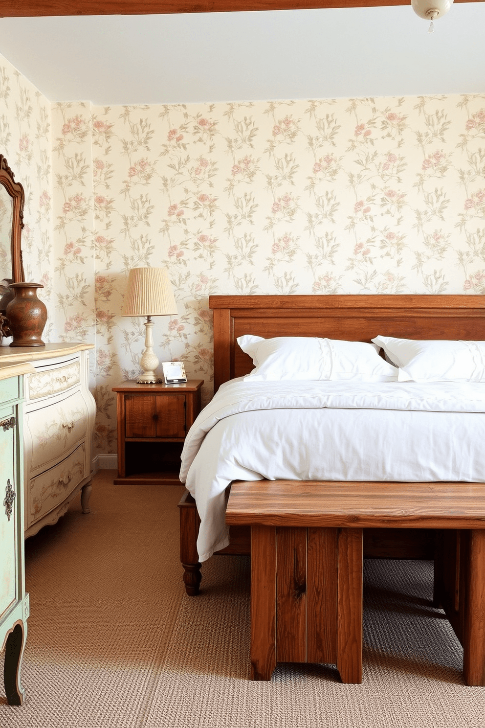 A cozy French country bedroom features a rustic wooden bed with a soft white duvet and plump pillows. At the foot of the bed, two farmhouse-style benches made of reclaimed wood provide a charming touch and additional seating. The walls are adorned with delicate floral wallpaper in muted tones, creating a warm and inviting atmosphere. A vintage dresser with ornate detailing complements the overall aesthetic, while soft lighting illuminates the space.