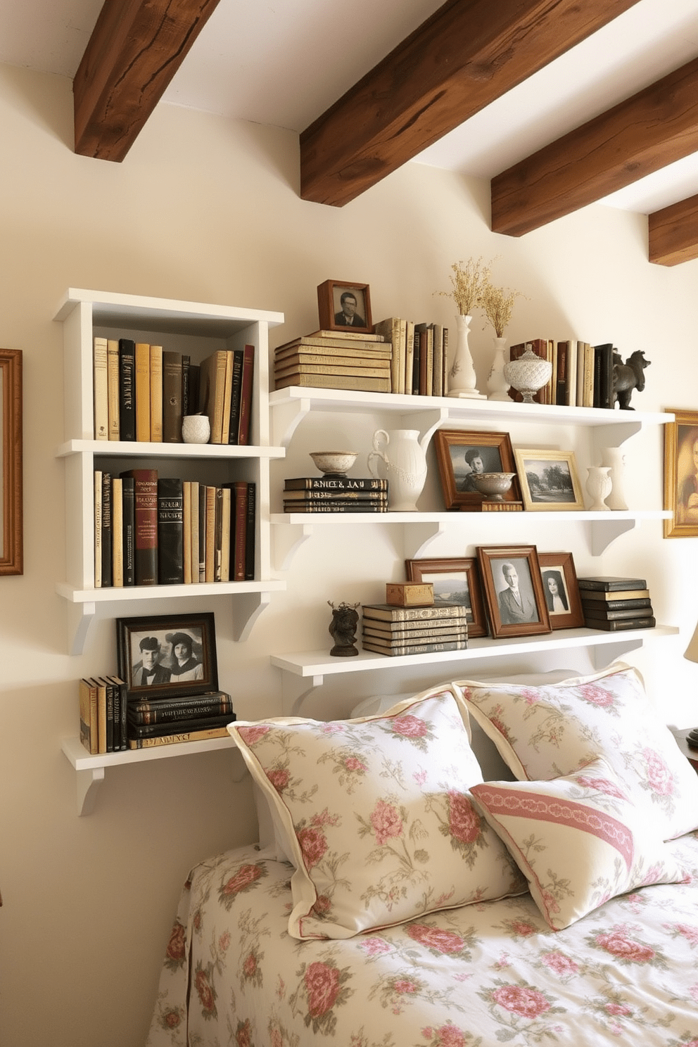 A cozy French country bedroom features wall-mounted bookshelves adorned with an array of decorative items such as vintage books, ceramic vases, and framed photographs. The shelves are painted in a soft white hue, complementing the warm, rustic tones of the wooden beams and the floral-patterned bedding.