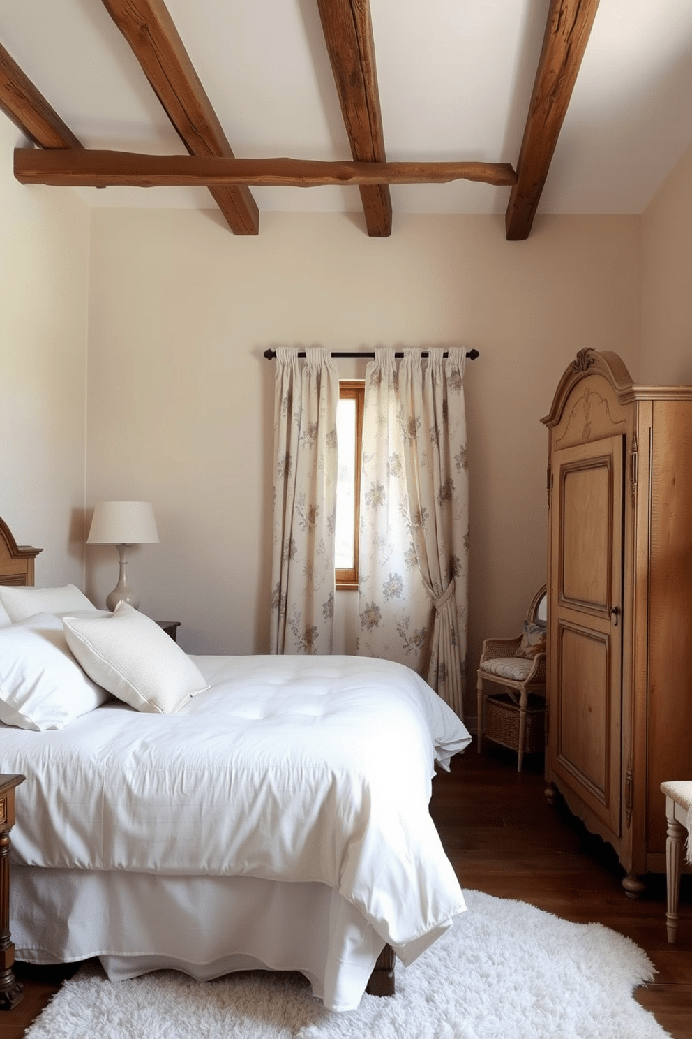 A serene bedroom setting with muted color schemes. Soft pastel walls create a calming atmosphere, complemented by a cozy bed dressed in light linen and fluffy pillows. The room features rustic wooden beams and a vintage armoire. A delicate floral pattern adorns the curtains, while a plush area rug adds warmth to the space.