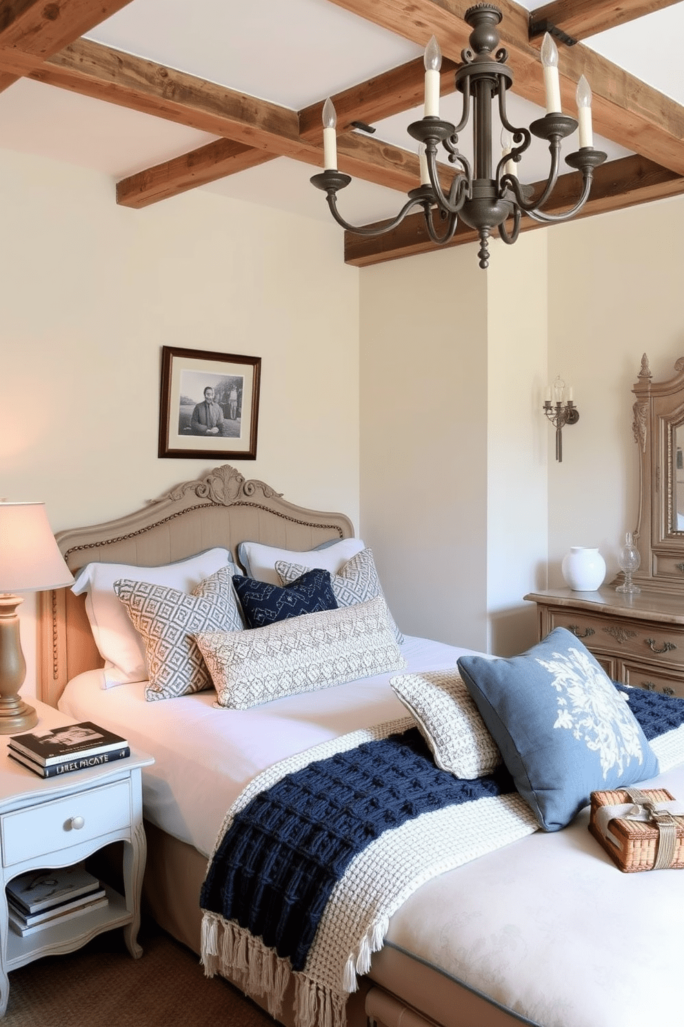 A cozy French country bedroom featuring a mix of modern and vintage decor pieces. The walls are painted in a soft pastel hue, complemented by rustic wooden beams and a vintage chandelier hanging from the ceiling. A plush bed with an ornate headboard is adorned with a mix of patterned throw pillows and a cozy knit blanket. To one side, a modern nightstand holds a stylish lamp and a stack of books, while a vintage dresser with intricate detailing adds character to the space.