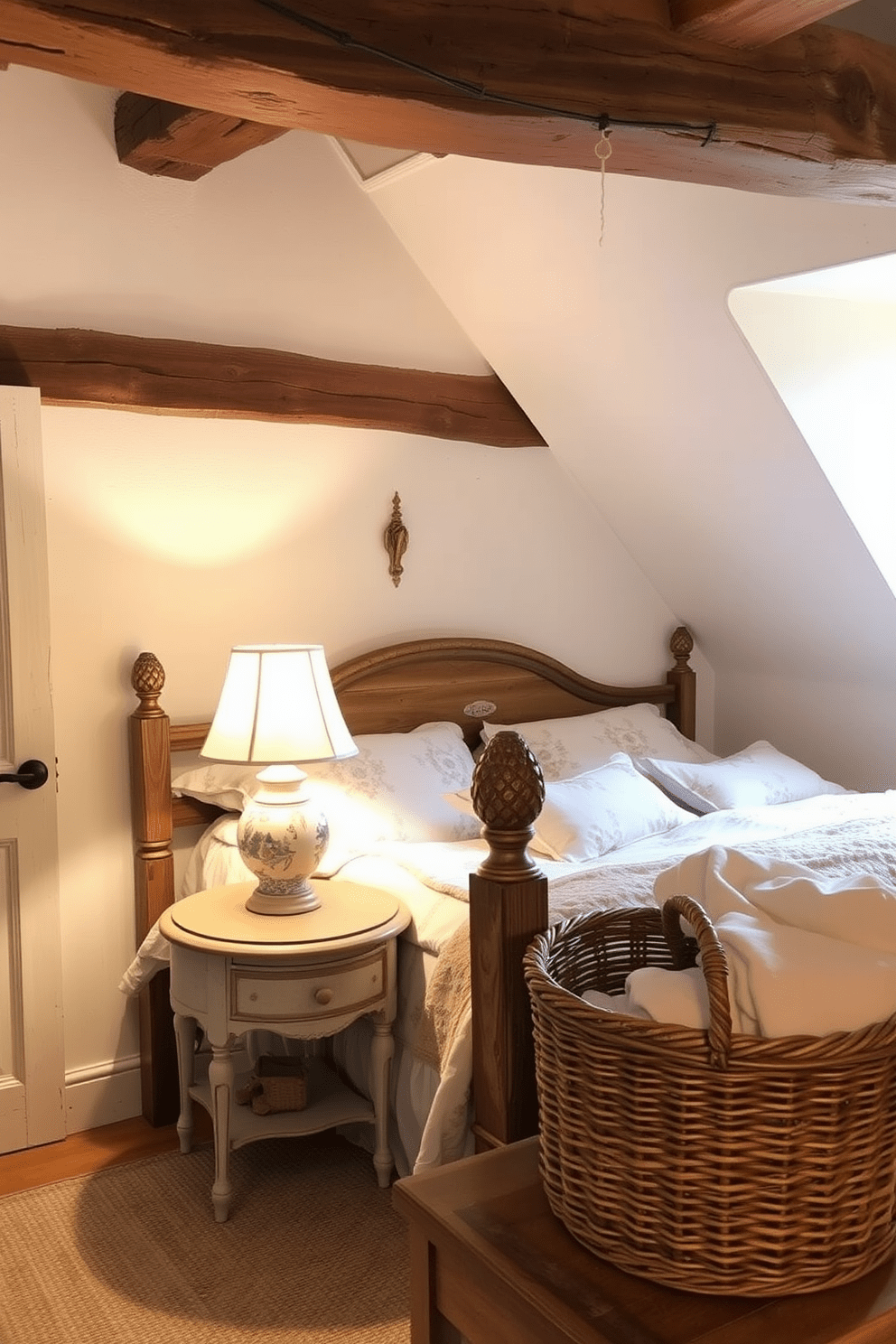 A cozy French country bedroom featuring handcrafted items that add a personal touch. The room showcases a vintage wooden bed frame adorned with soft linens in muted floral patterns. On the bedside table, a handcrafted ceramic lamp provides warm lighting, while a woven basket holds extra blankets. The walls are painted in a soft cream color, and rustic wooden beams add charm to the ceiling.