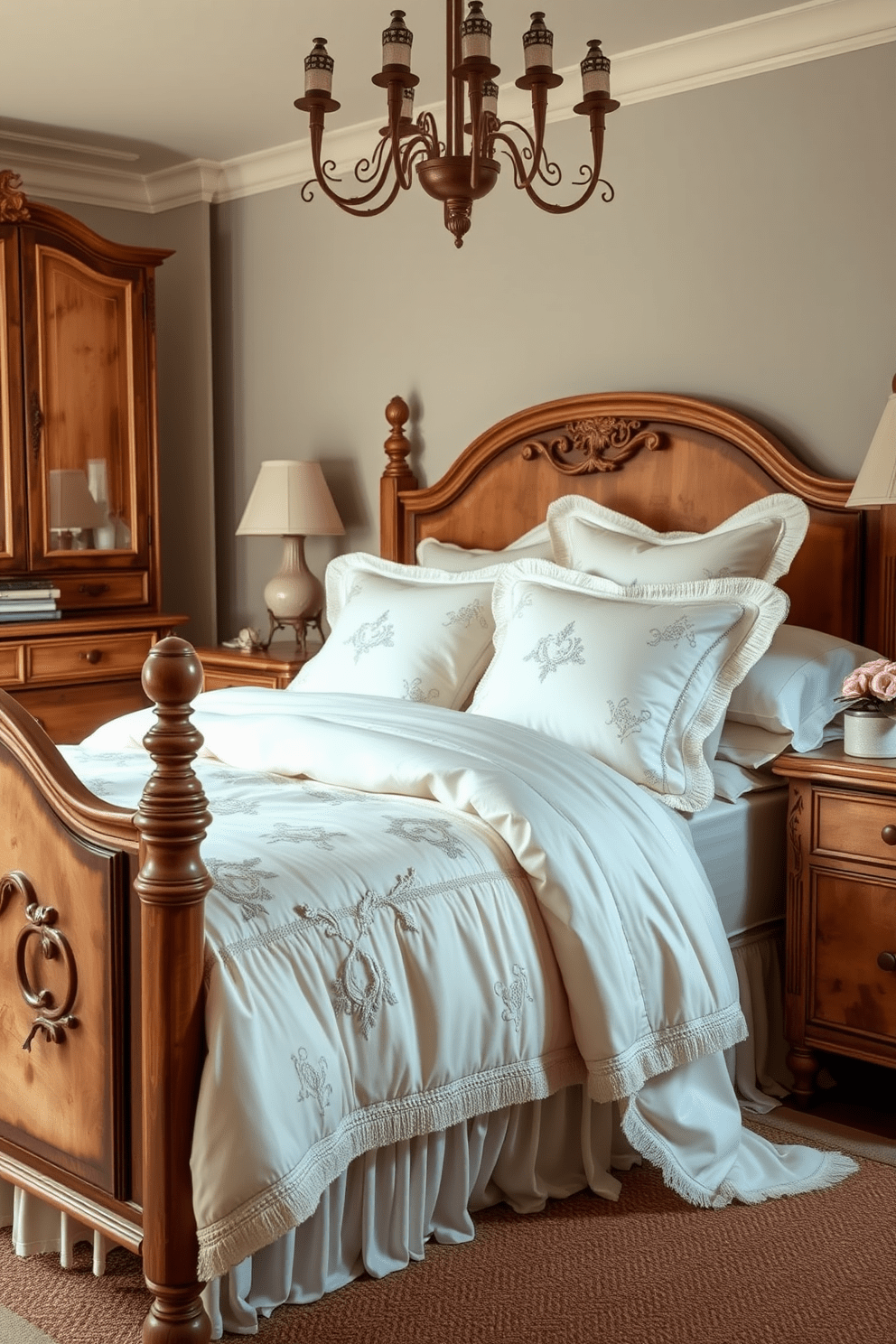 Elegant bedding with embroidered details creates a warm and inviting atmosphere in a French country bedroom. The soft, pastel color palette complements the rustic wooden furniture, enhancing the room's charm and sophistication.