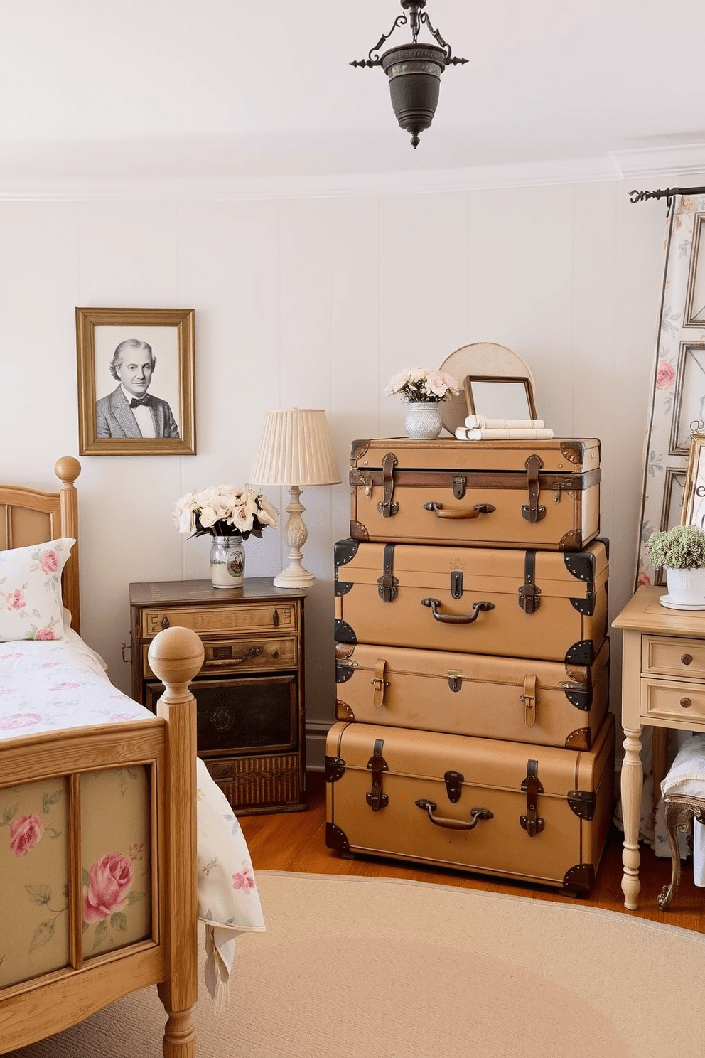 A charming bedroom featuring vintage suitcases stacked in a corner as decorative storage. The room is adorned with soft pastel colors, floral patterns, and rustic wooden furniture, creating a cozy French country ambiance.