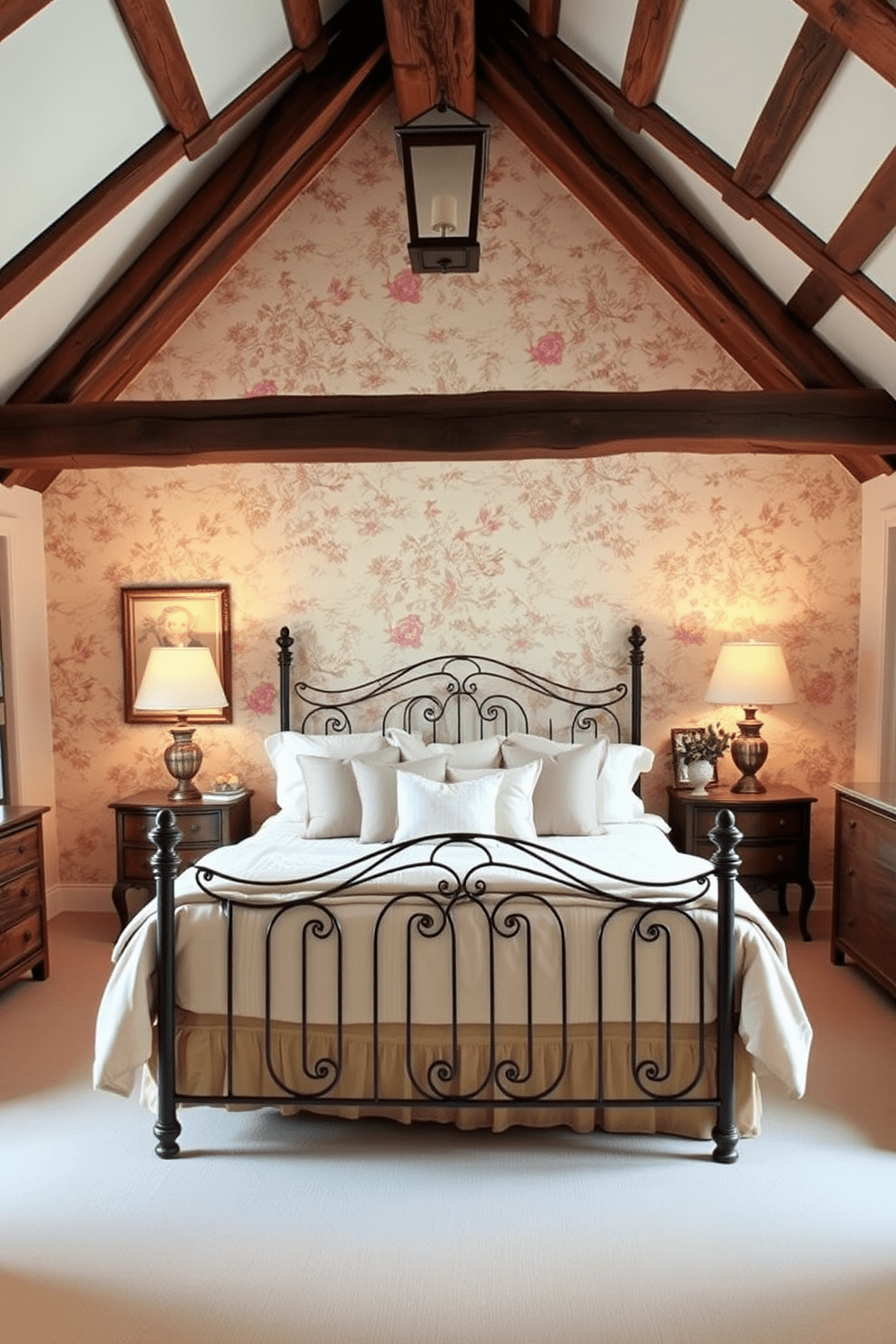 A cozy French country bedroom featuring rustic wooden beams on the ceiling that add warmth and character to the space. The walls are adorned with soft pastel colors, complemented by vintage floral wallpaper that enhances the charming ambiance. A large wrought iron bed is dressed in luxurious linens, with an assortment of decorative pillows in muted tones. Antique wooden furniture pieces, including a bedside table and a dresser, complete the inviting atmosphere of this serene retreat.