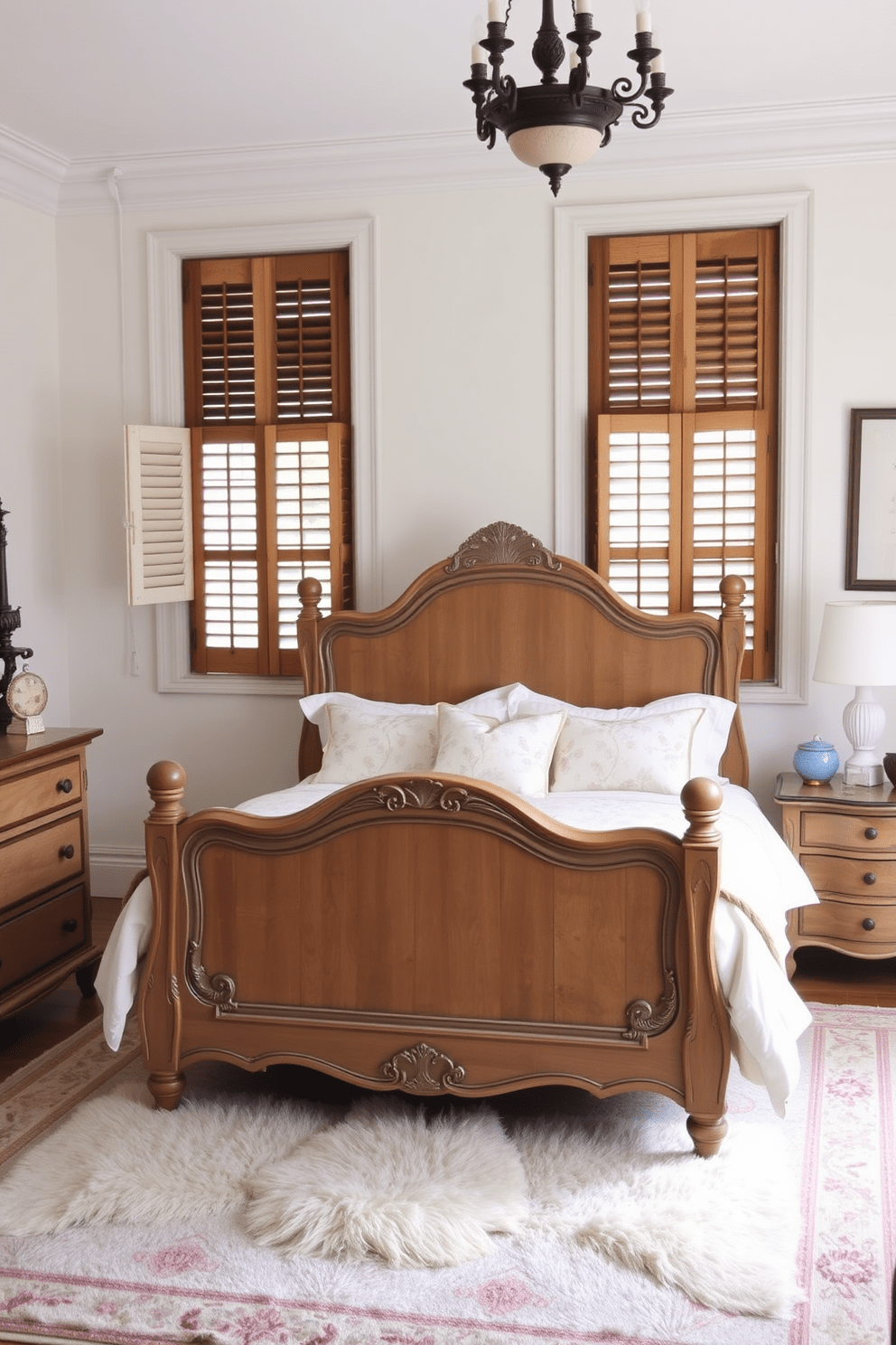 A cozy French country bedroom featuring rustic shutters as window treatments. The room is adorned with soft pastel colors and floral patterns, complemented by a vintage wooden bed frame with an intricately carved headboard. A plush, patterned area rug lies beneath the bed, adding warmth to the space. Decorative elements include a distressed wooden dresser and elegant bedside tables topped with charming lamps.