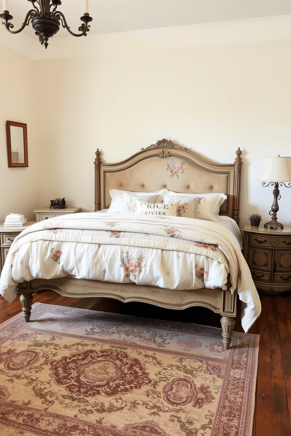 A charming French country bedroom featuring antique furniture with distressed finishes. The room is adorned with a vintage wooden bed frame, complemented by a soft, floral-patterned duvet and matching pillows. On either side of the bed, there are ornate nightstands with antique lamps casting a warm glow. The walls are painted in a soft cream color, and a beautiful area rug with a traditional design covers the rustic wooden floor.