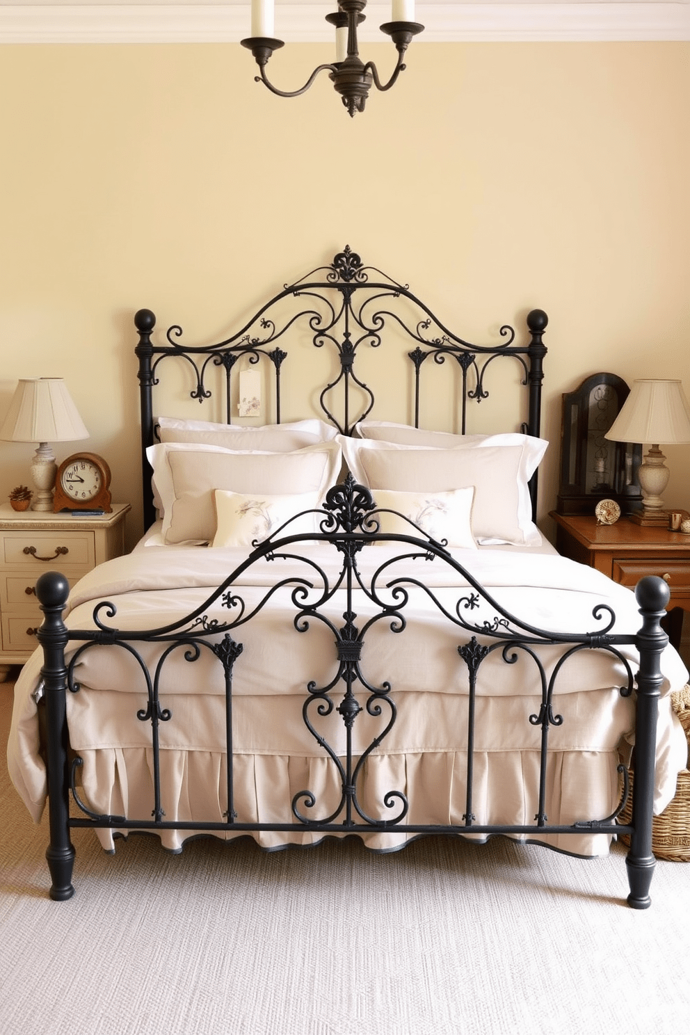 A charming French country bedroom features a wrought iron bed frame adorned with delicate floral patterns. Soft linen bedding in muted pastels complements the rustic wooden nightstands on either side. The walls are painted in a warm cream color, enhancing the cozy ambiance of the space. Vintage accessories, such as an antique clock and a woven basket, add character and charm to the room.