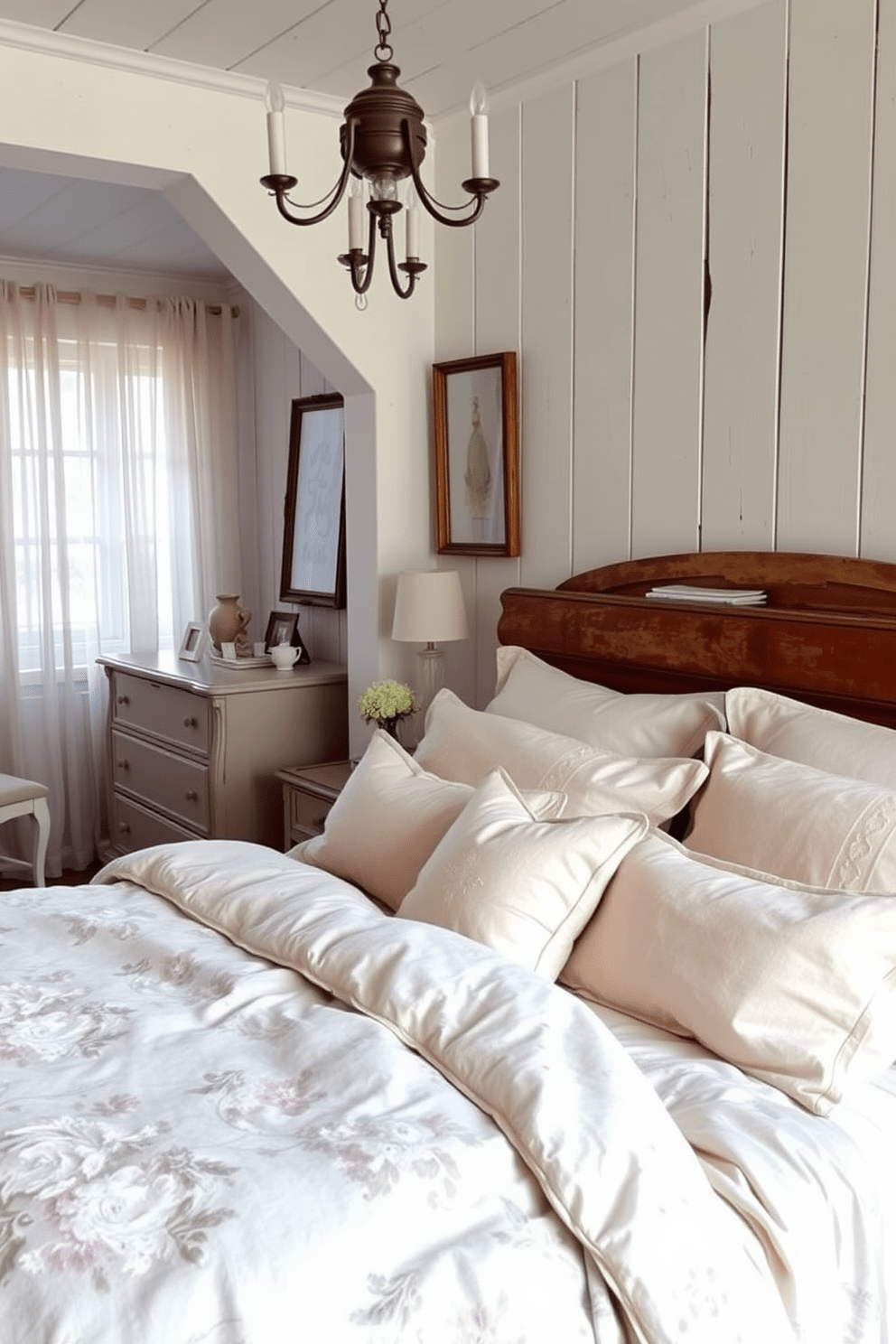 A cozy French country bedroom featuring lush fabrics like linen and cotton. The bed is adorned with a soft, floral-patterned duvet and plump pillows in pastel shades. A rustic wooden headboard complements the whitewashed walls, while a vintage dresser adds charm to the space. Natural light filters in through sheer curtains, creating a warm and inviting atmosphere.