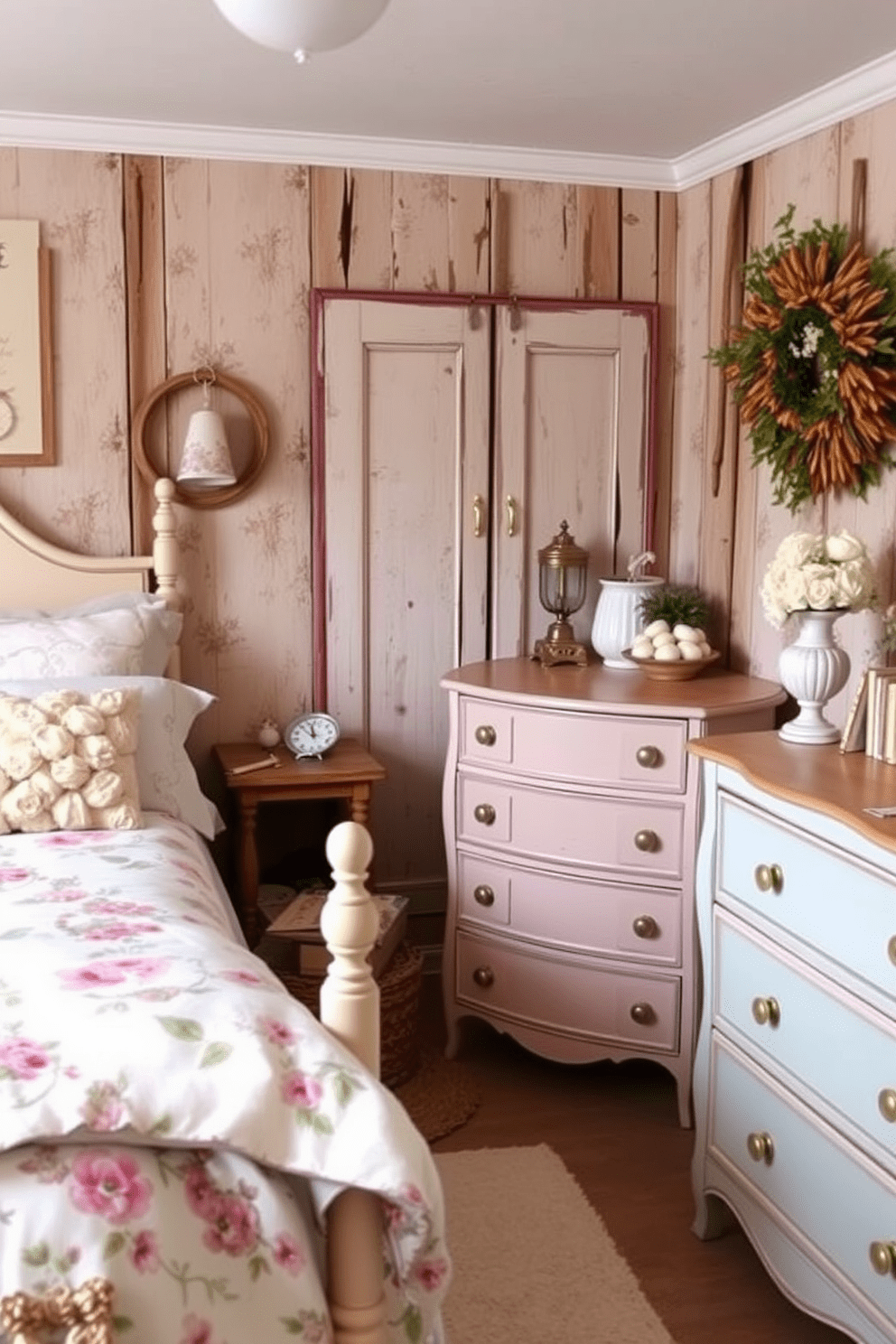 A cozy French country bedroom featuring shabby chic dressers adorned with vintage knobs. The room is filled with soft pastel colors, floral patterns, and rustic wooden accents, creating an inviting and romantic atmosphere.