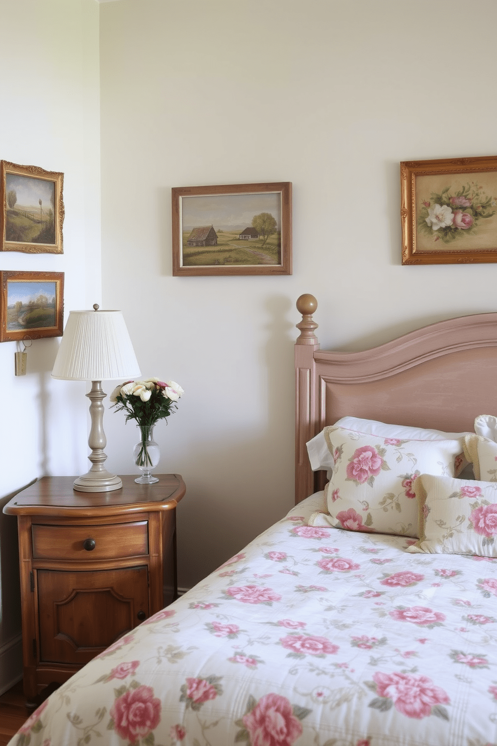 A cozy French country bedroom featuring soft pastel colors and natural materials. The walls are adorned with rustic wall art pieces depicting pastoral scenes and floral motifs. The bed is dressed in a vintage floral quilt with plump pillows. A distressed wooden nightstand holds a classic lamp and a small vase of fresh flowers.