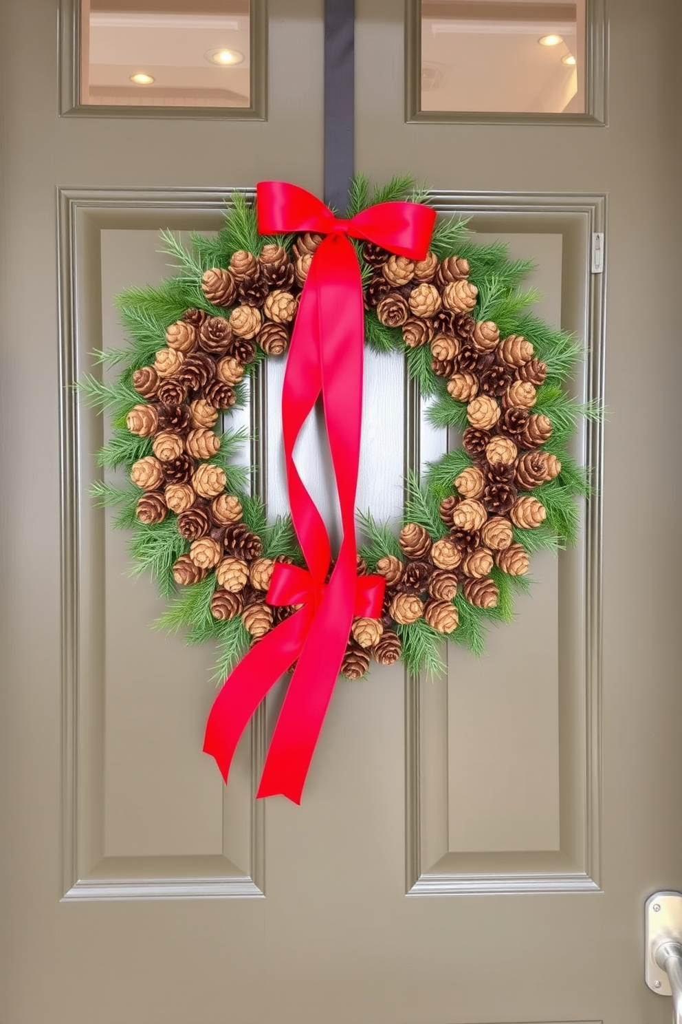 A festive front door adorned with a pinecone wreath featuring a vibrant red ribbon. The wreath is beautifully arranged with a mix of natural pinecones and greenery, creating a warm and inviting entrance for the holiday season.