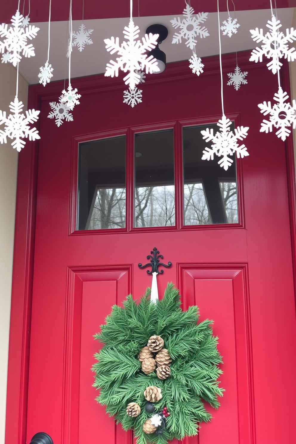 A charming front door adorned with faux snowflakes gently hanging from above creates a festive atmosphere. The door is painted a deep red, complemented by a lush green wreath embellished with pinecones and berries.